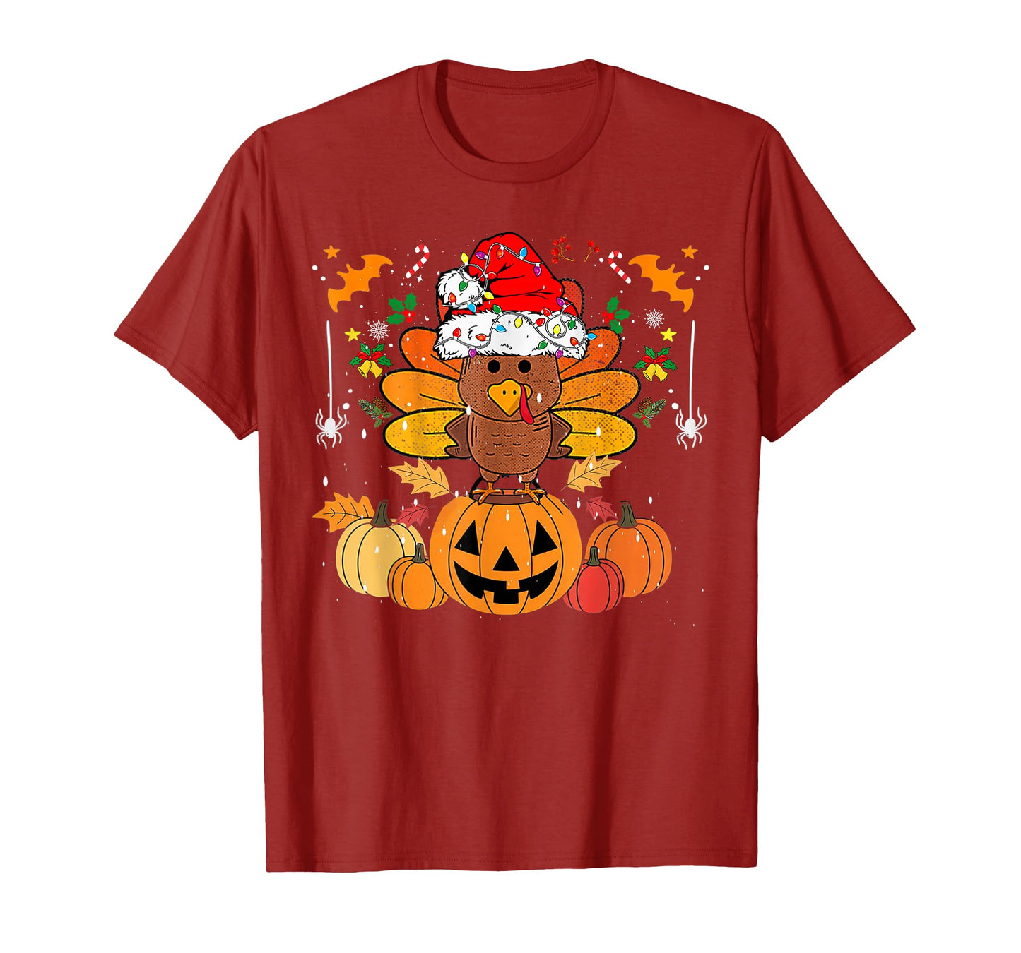 Funny HalloThanksMas Happy Thanksgiving Santa Turkey T-Shirt