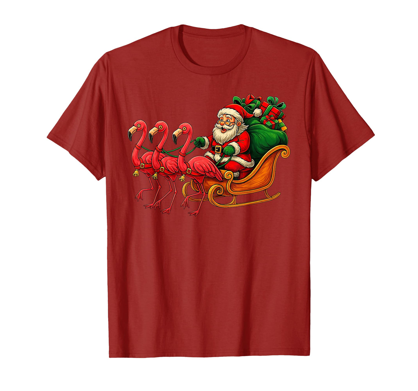 Cute Santa Sleigh Flamingo Funny Christmas T-Shirt