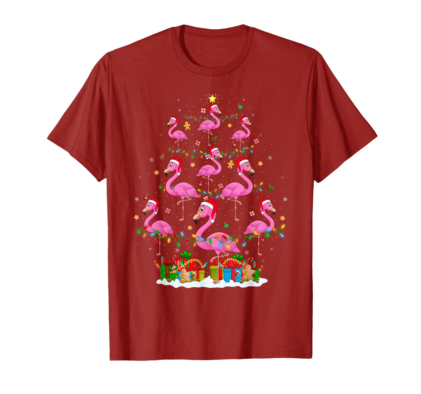 Flamingo Christmas Tree Lights Santa Hat Pink Flamingo Xmas T-Shirt