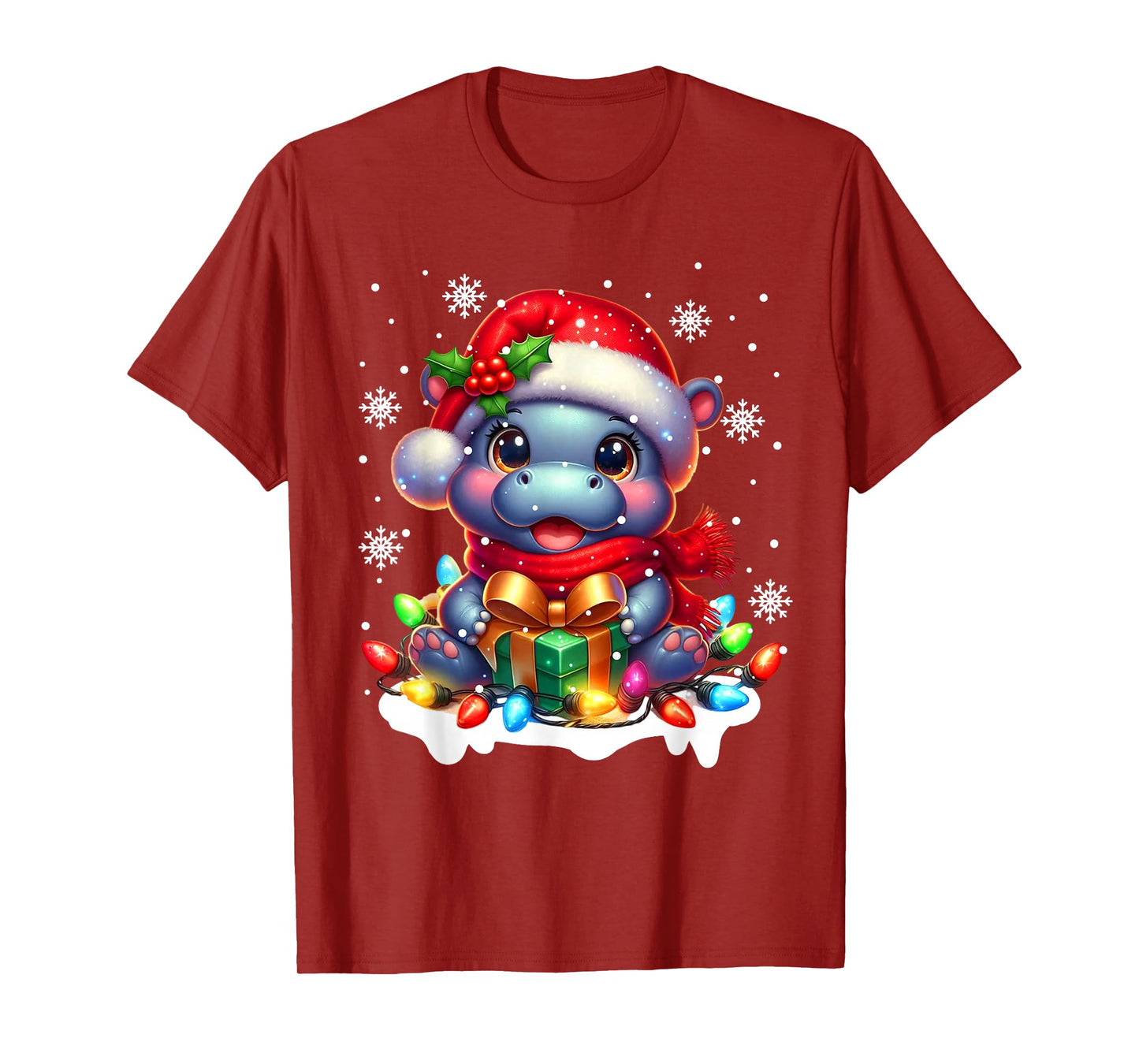 Funny Hippopotamus Santa Tangled up in Christmas Lights T-Shirt