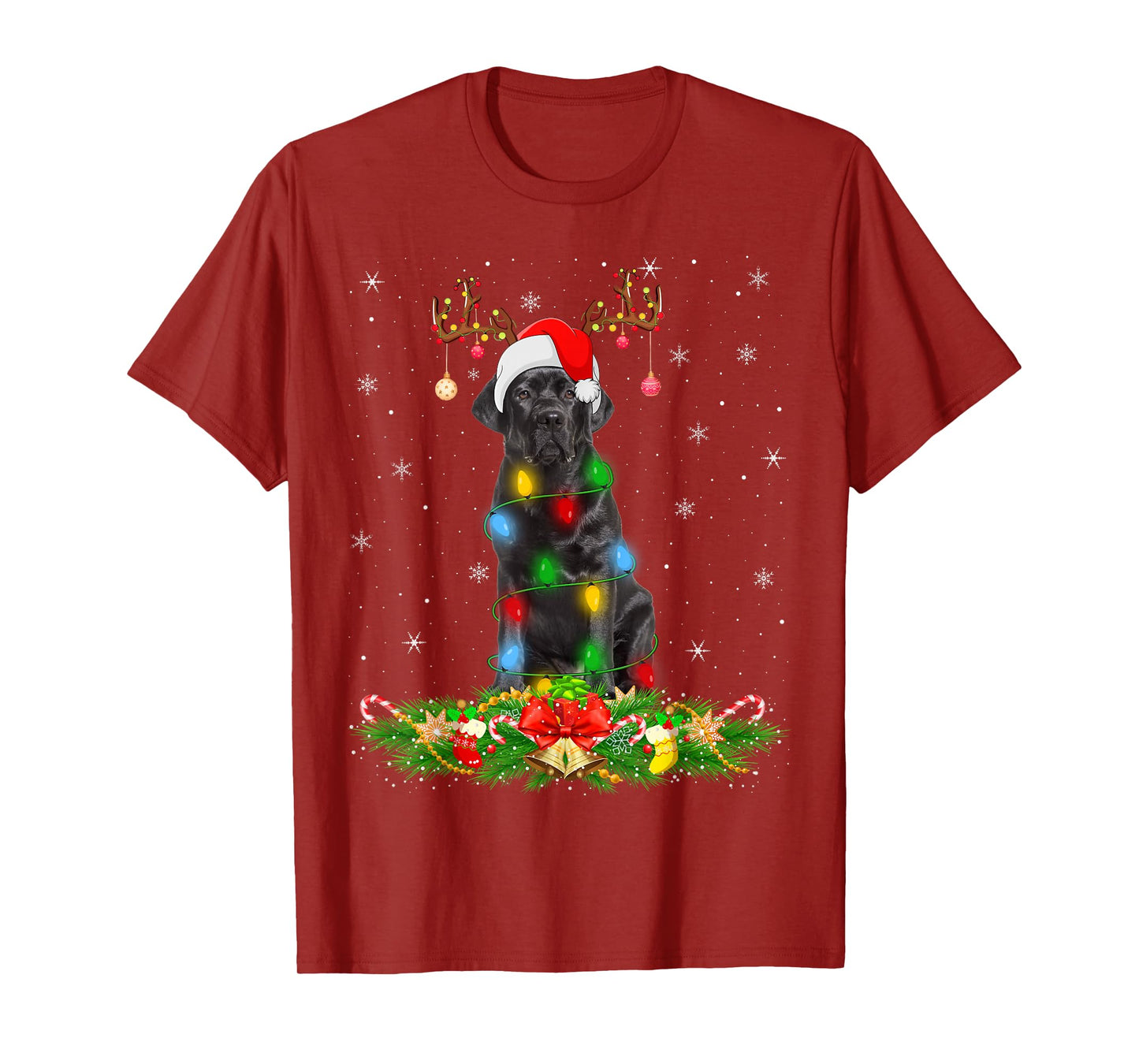 Black Labrador Retriever Dog Xmas Lights Santa Hat Christmas T-Shirt