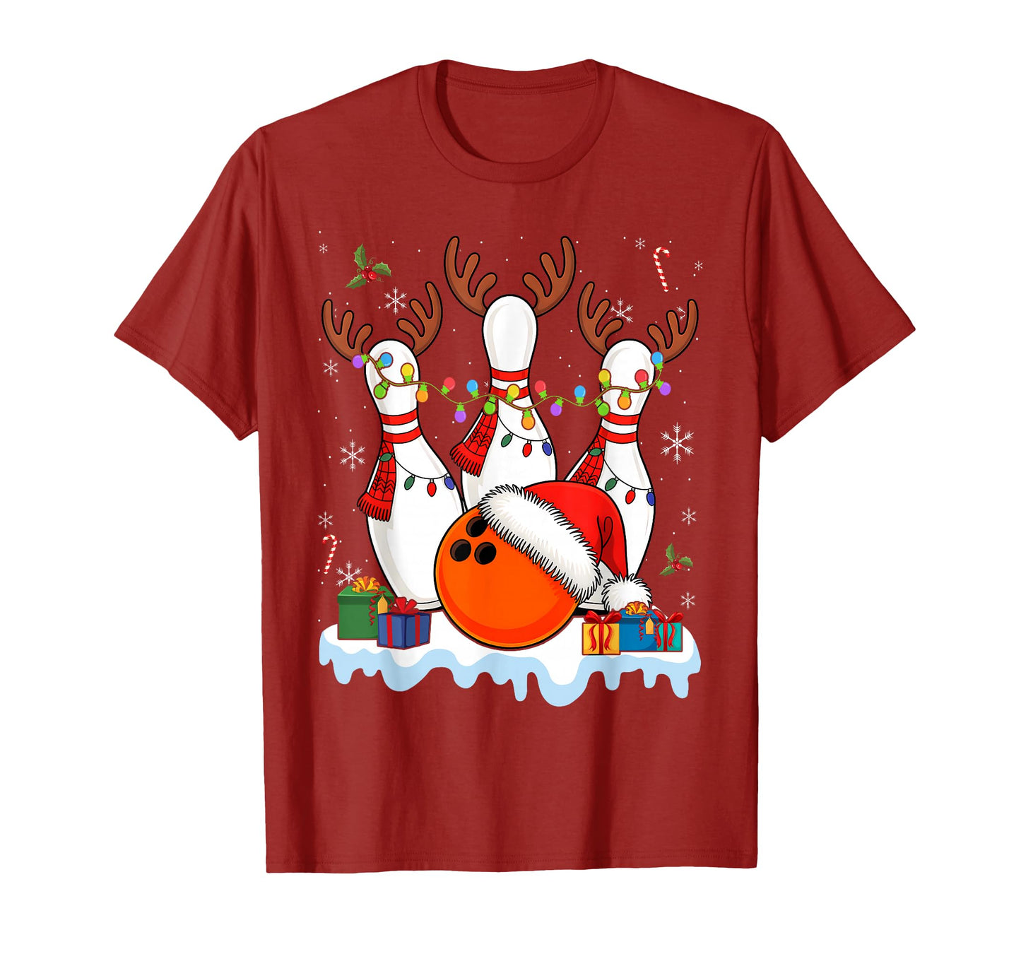 Christmas Bowling Santa Hat Lights T-Shirt