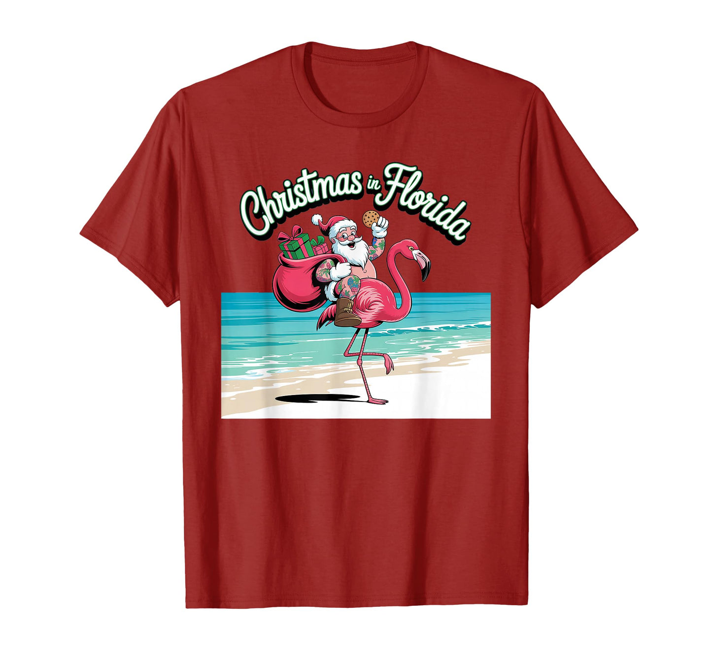 Christmas in Florida Sun Tanning Santa Riding Flamingo T-Shirt