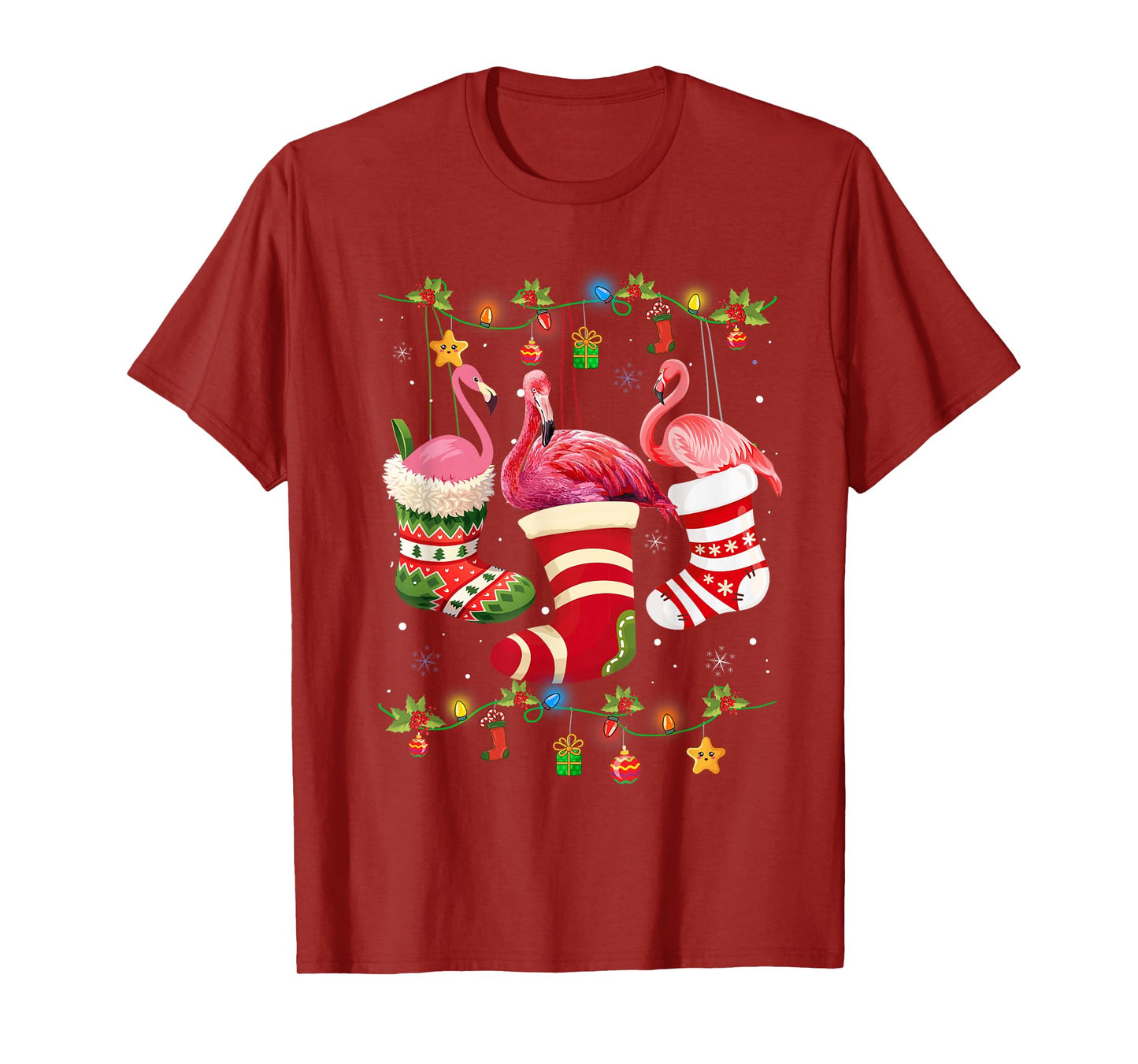 Christmas Lights Pink Flamingo Santa Hat Xmas Women Girls T-Shirt