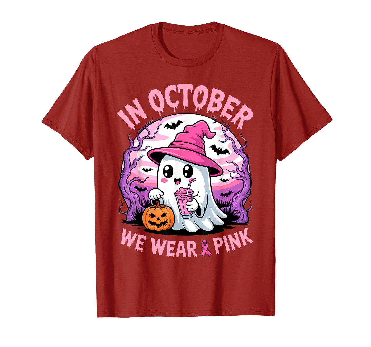in October We Wear Pink Breast Cancer Halloween Ghost T-Shirt