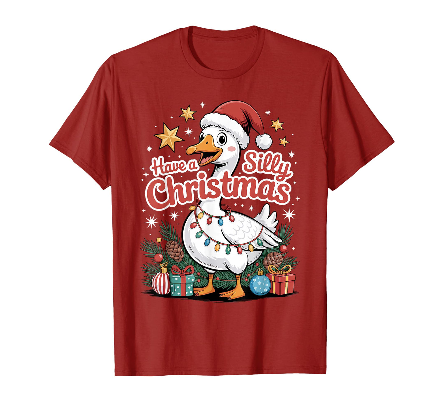 Have A Silly Christmas Funny Goose Santa Hat Lights Stars T-Shirt