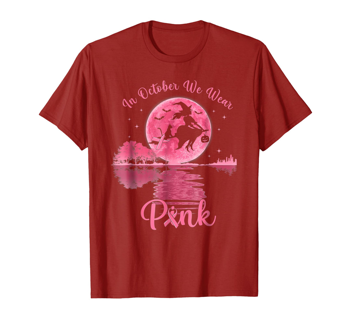 in October We Wear Pink Ribbon Witch Halloween Breast Cancer T-Shirt