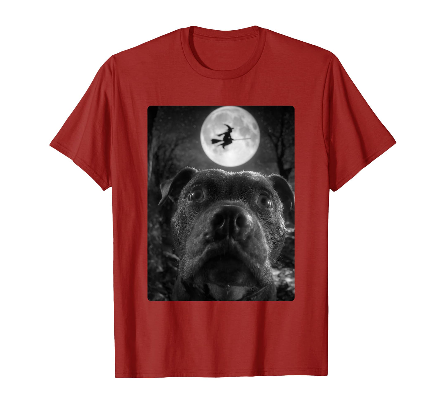 Funny Pit Bull Selfie Full Moon Flying Witch Halloween Dog T-Shirt