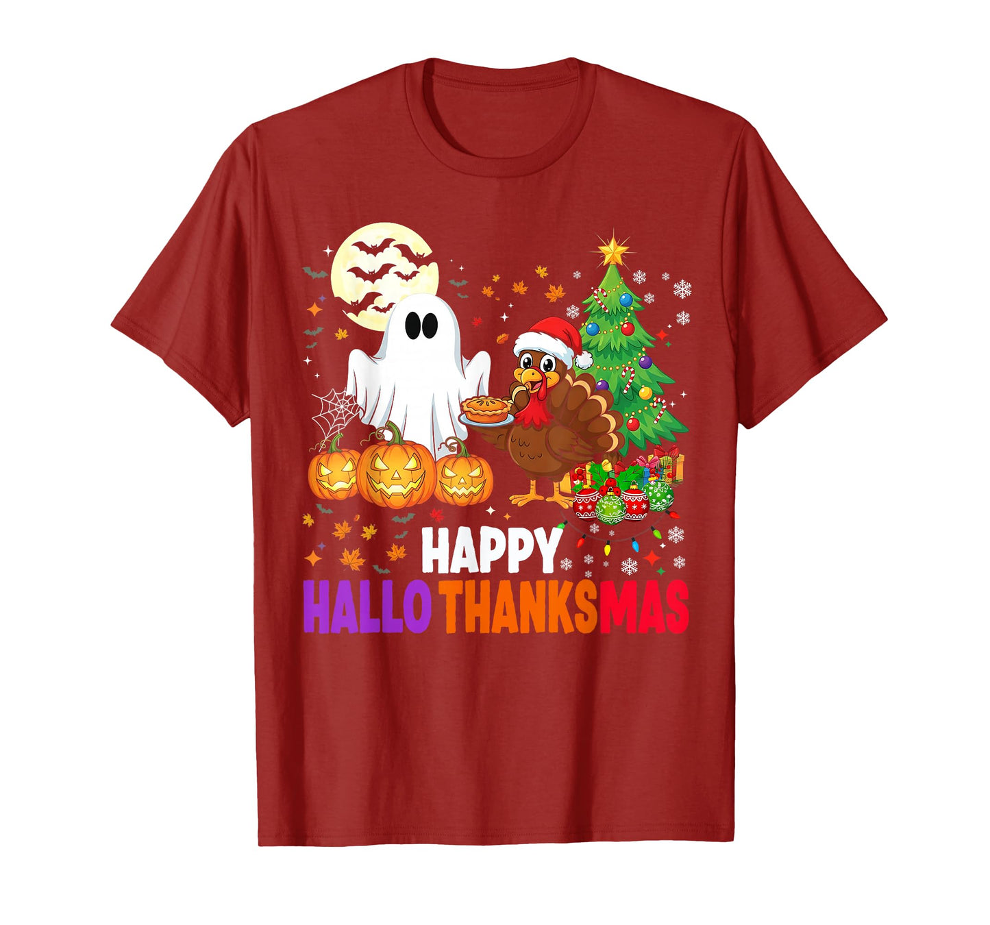 Happy HalloThanksMas Ghost 2025 Funny Halloween Thanksgiving T-Shirt