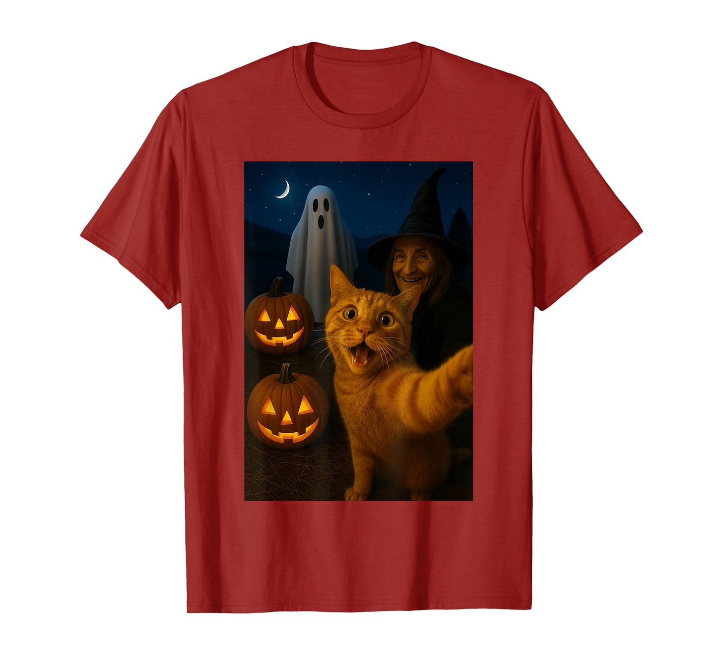 Funny Halloween Cat Selfie with Ghost Boo Witch Pumpkin Tees T-Shirt