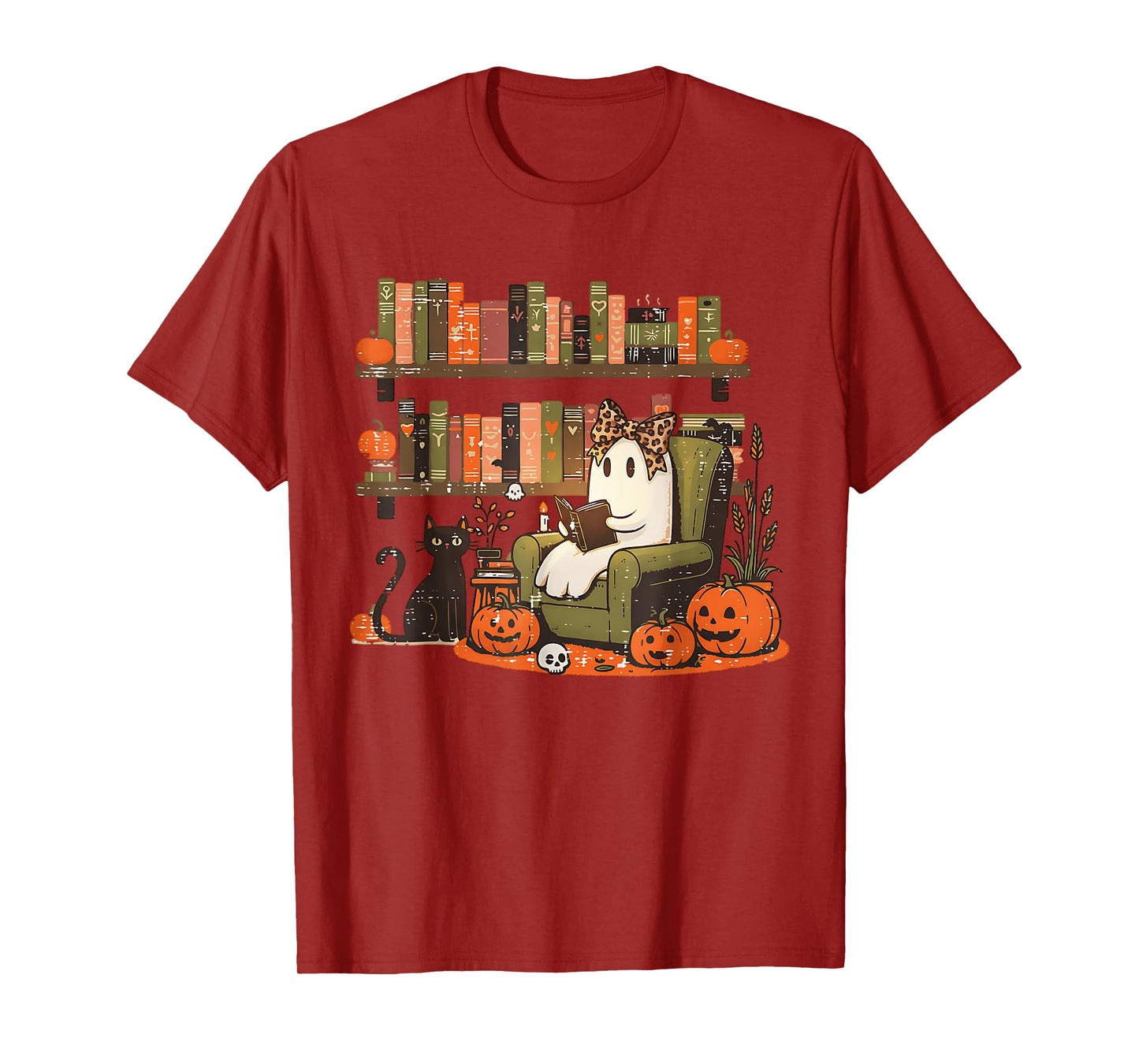 Leopard Coquette Bow Ghost Library Reading Books Halloween T-Shirt