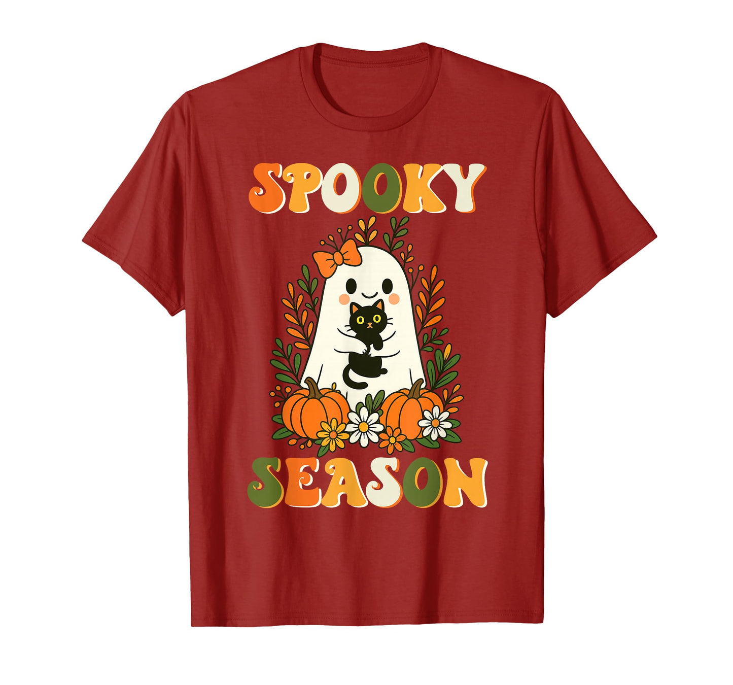 Spooky Season Ghost with Black Cat and Pumpkins Halloween T-Shirt