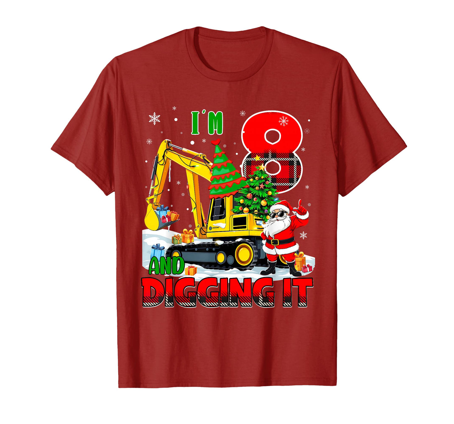 I'm 8 Construction 8th Birthday Kid Boy Xmas Excavator Santa T-Shirt