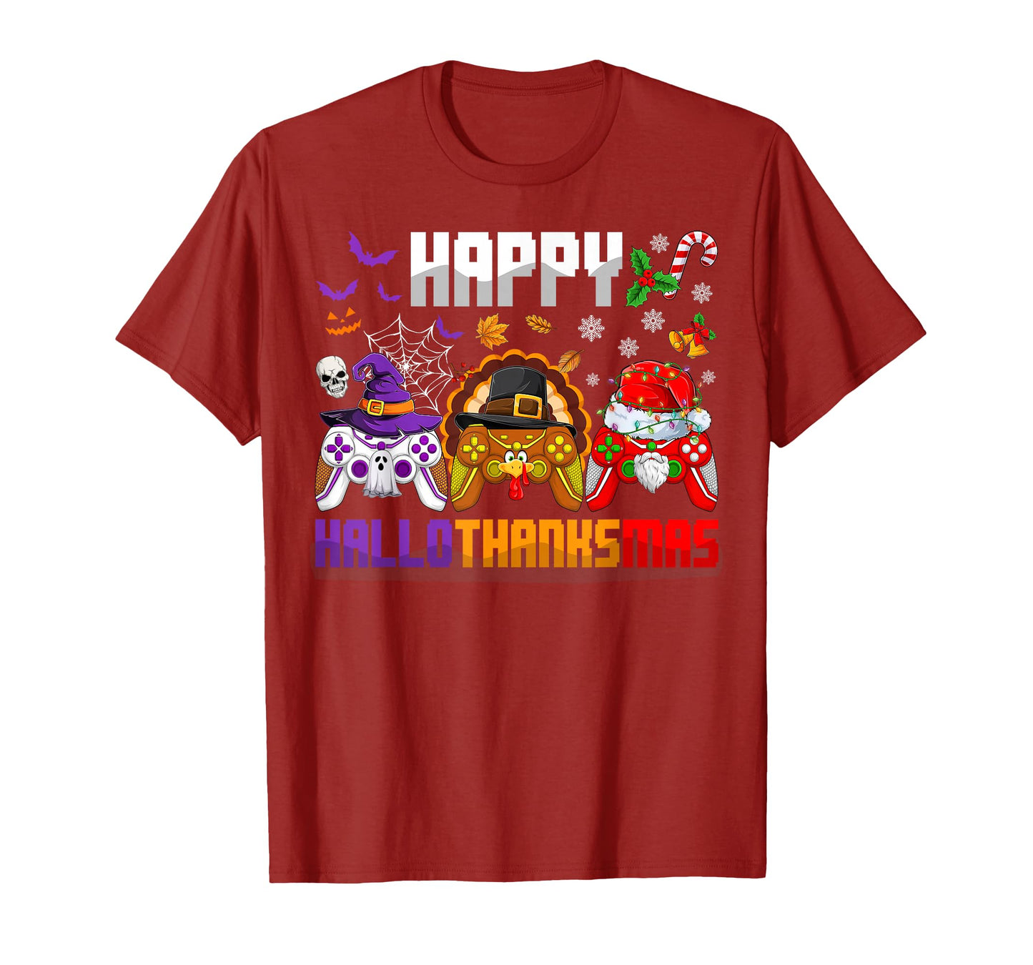 Happy Hallothanksmas Gamers Halloween Thanksgiving Christmas T-Shirt