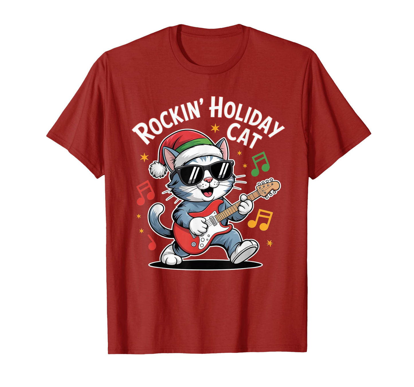 Christmas Santa Hat Cat Playing Guitar Rock and Roll T-Shirt