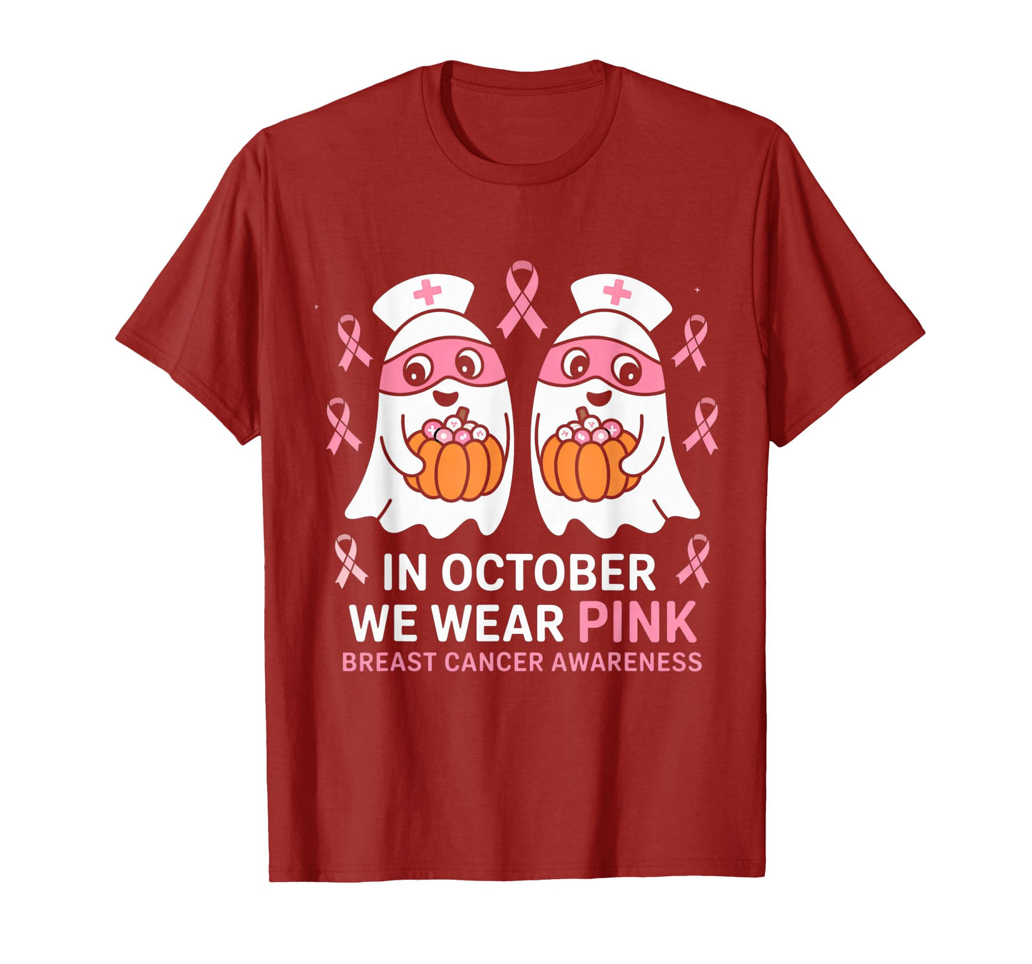 in October We Wear Pink Ghost Witch Breast Cancer Awareness T-Shirt
