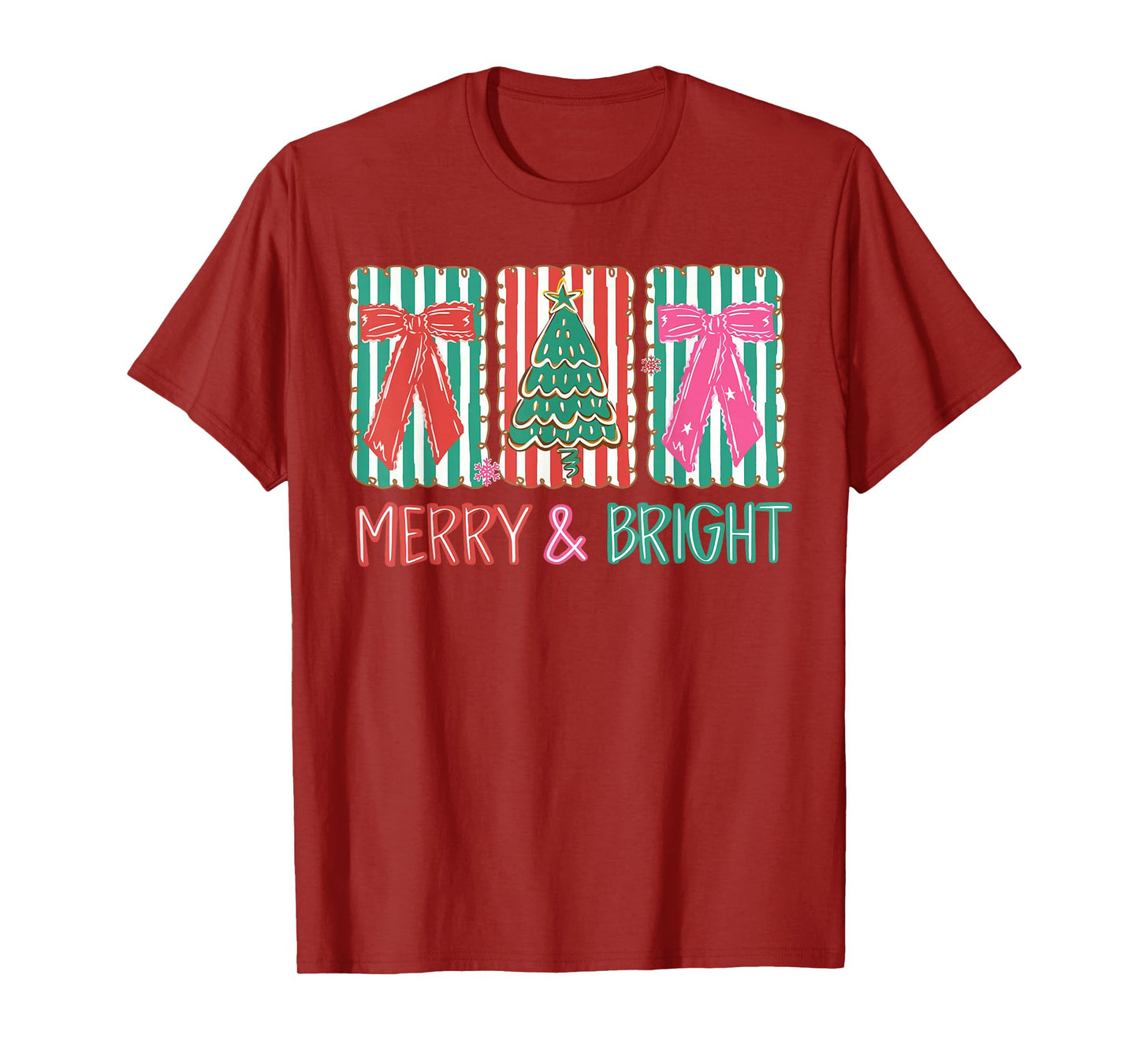 Merry & Bright Christmas Xmas Tree Coquette Bow Holiday T-Shirt