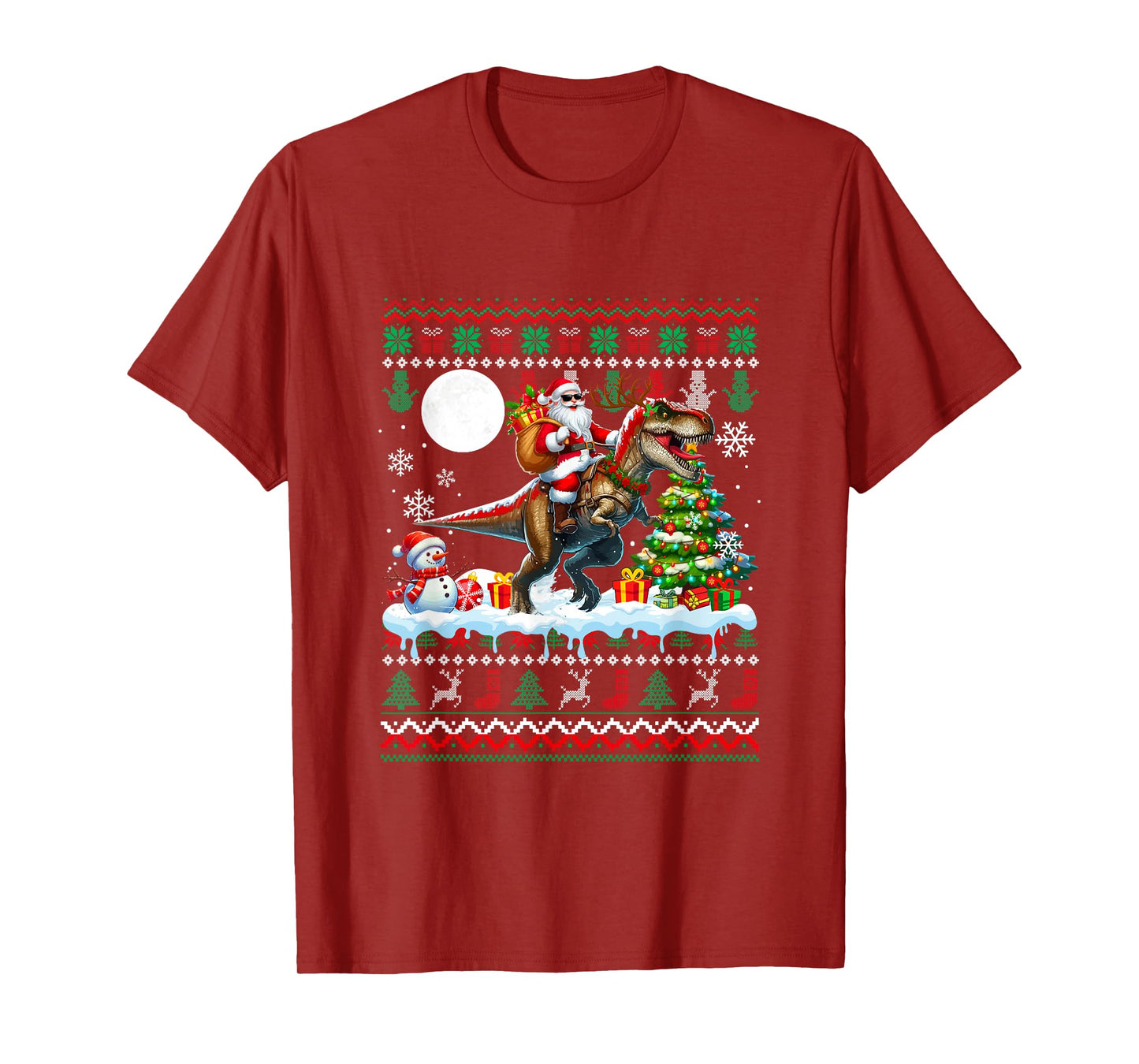 Santa Sunglasses Riding T-Rex Christmas Sweater Snowman T-Shirt