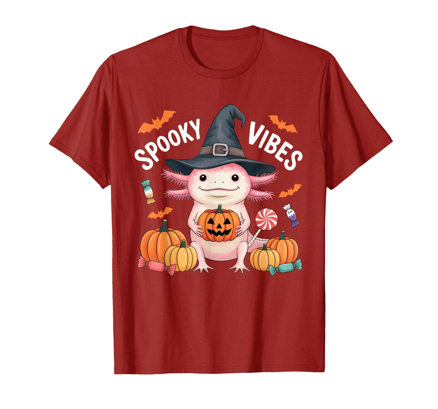 Spooky Axolotl Witch Hat Pumpkin Candy Cute Halloween Vibes T-Shirt