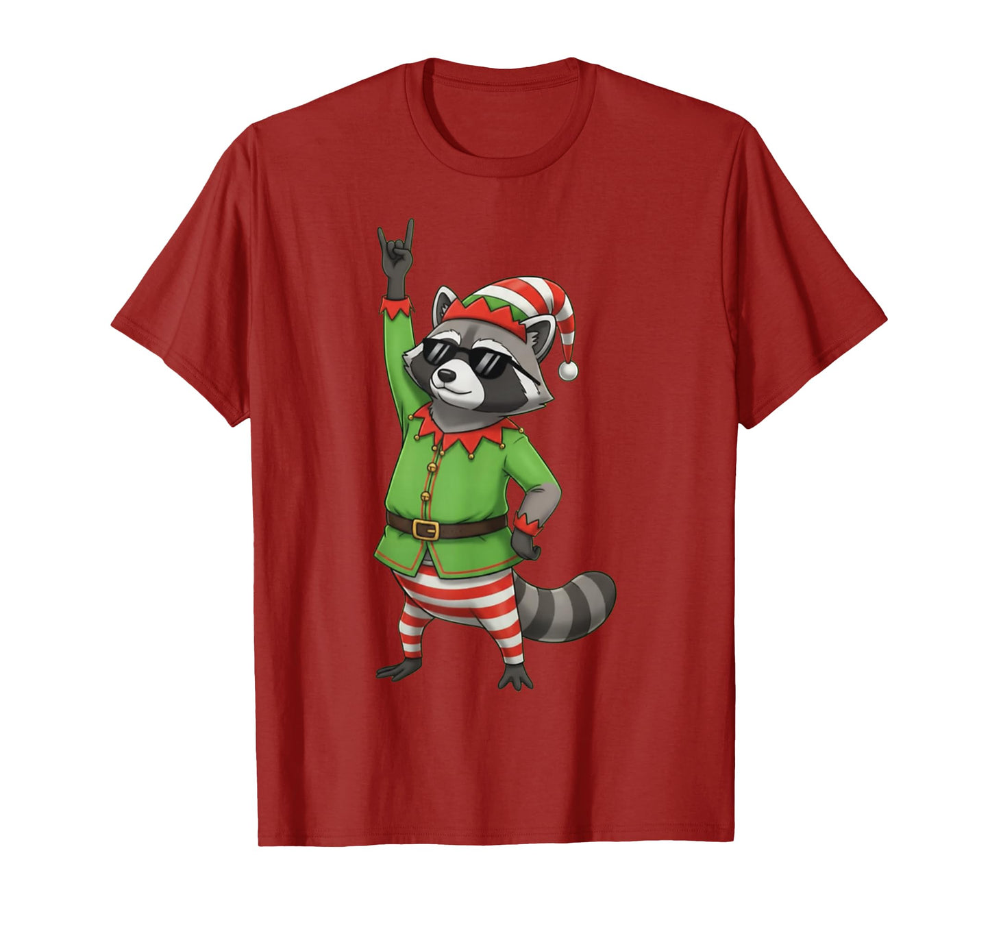 Funny Christmas Raccoon Dressed as Elf with Sunglasses T-Shirt