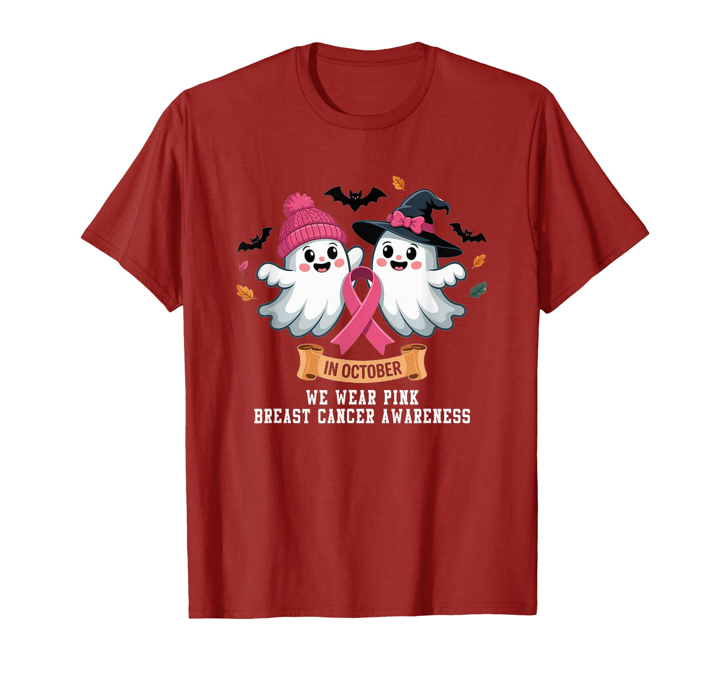 in October We Wear Pink Ghost Witch Breast Cancer Awareness T-Shirt