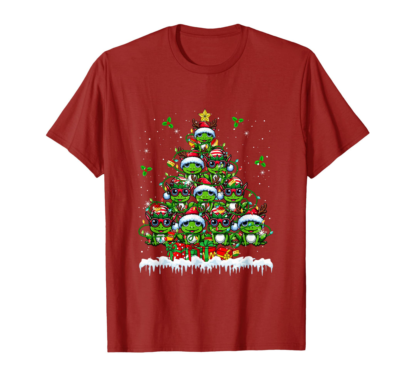 Group Santa Reindeer Elf Frogs Xmas Tree Colorful Lights T-Shirt