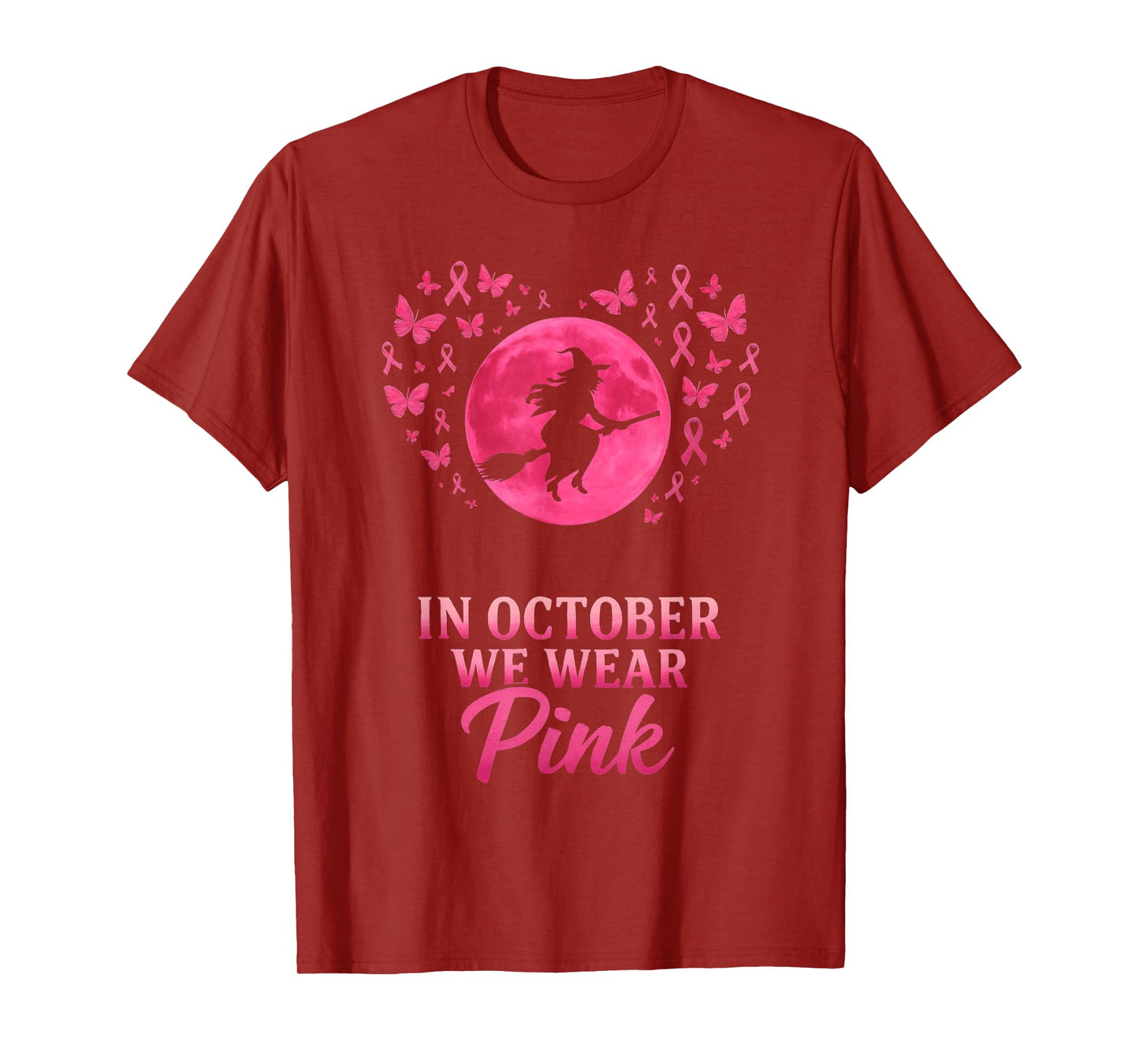 in October We Wear Pink Flying Witch Breast Cancer Support T-Shirt
