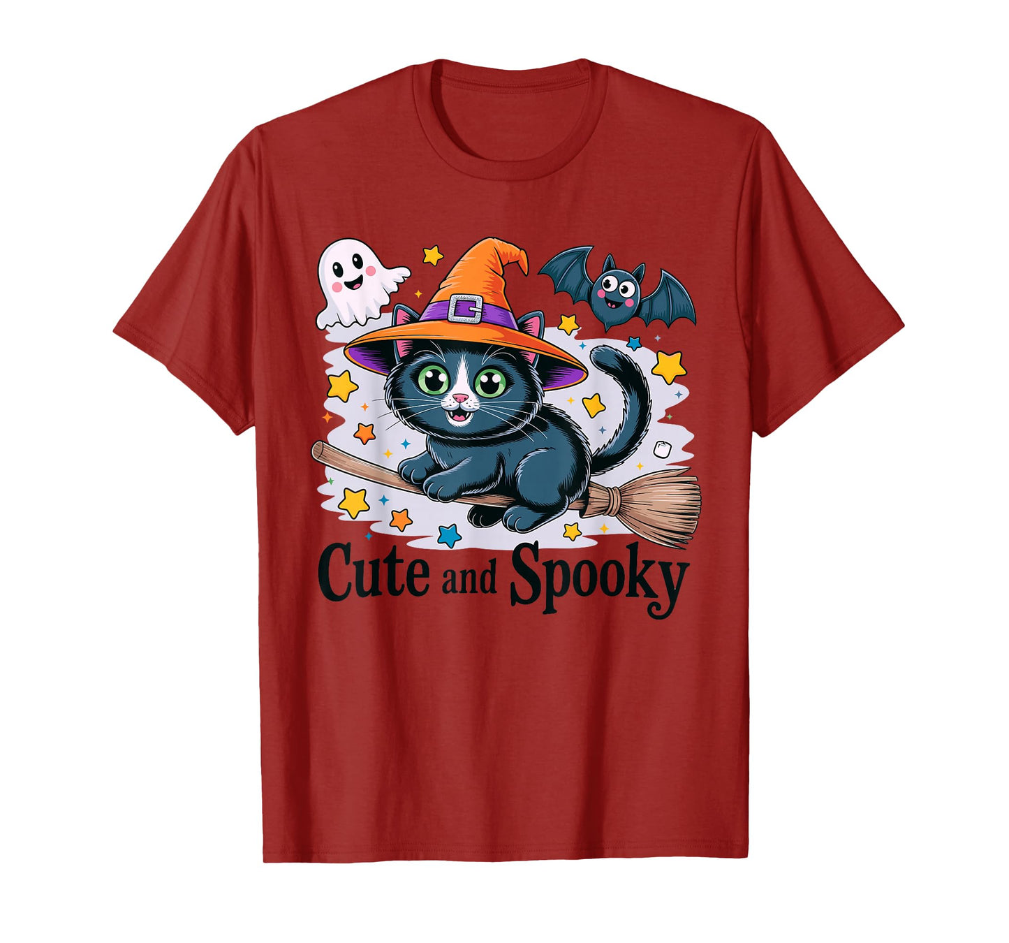 Adorable Halloween Witch Cat On Broom with Spooky Ghost T-Shirt