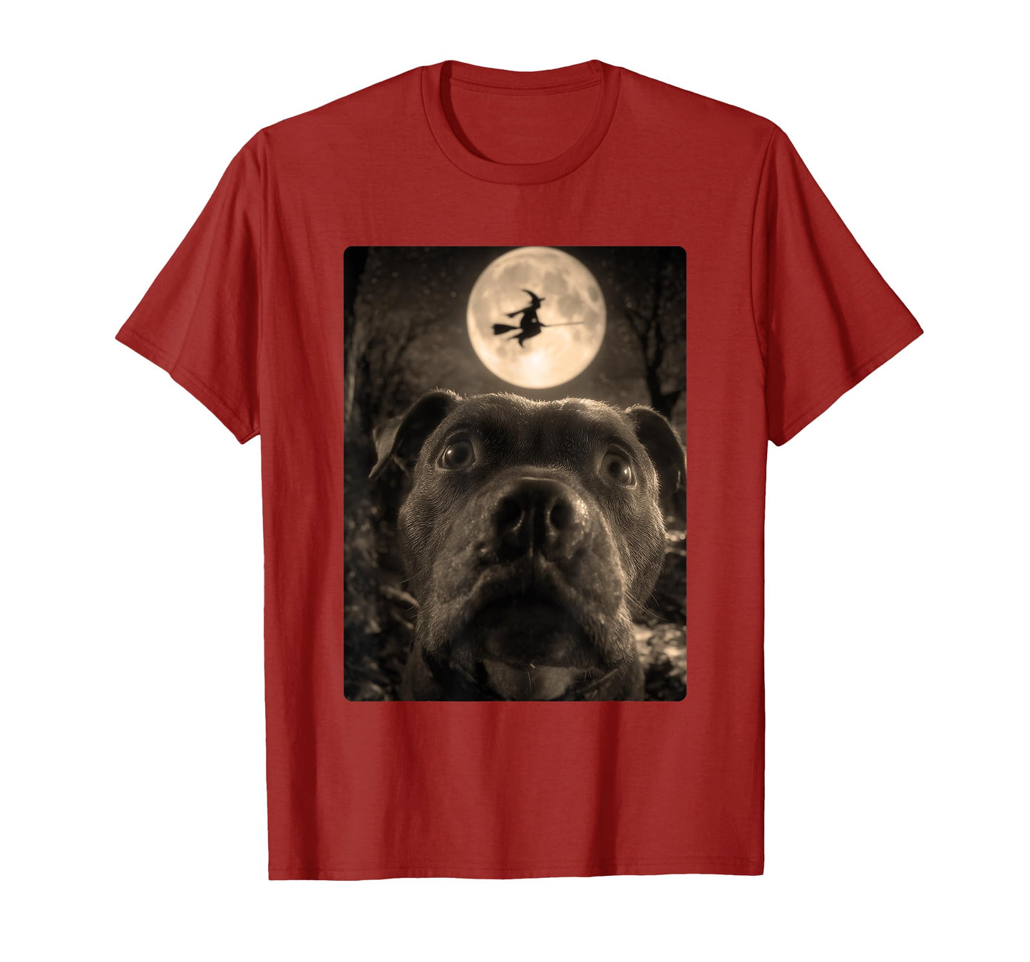 Funny Pit Bull Selfie Full Moon Flying Witch Halloween Dog T-Shirt