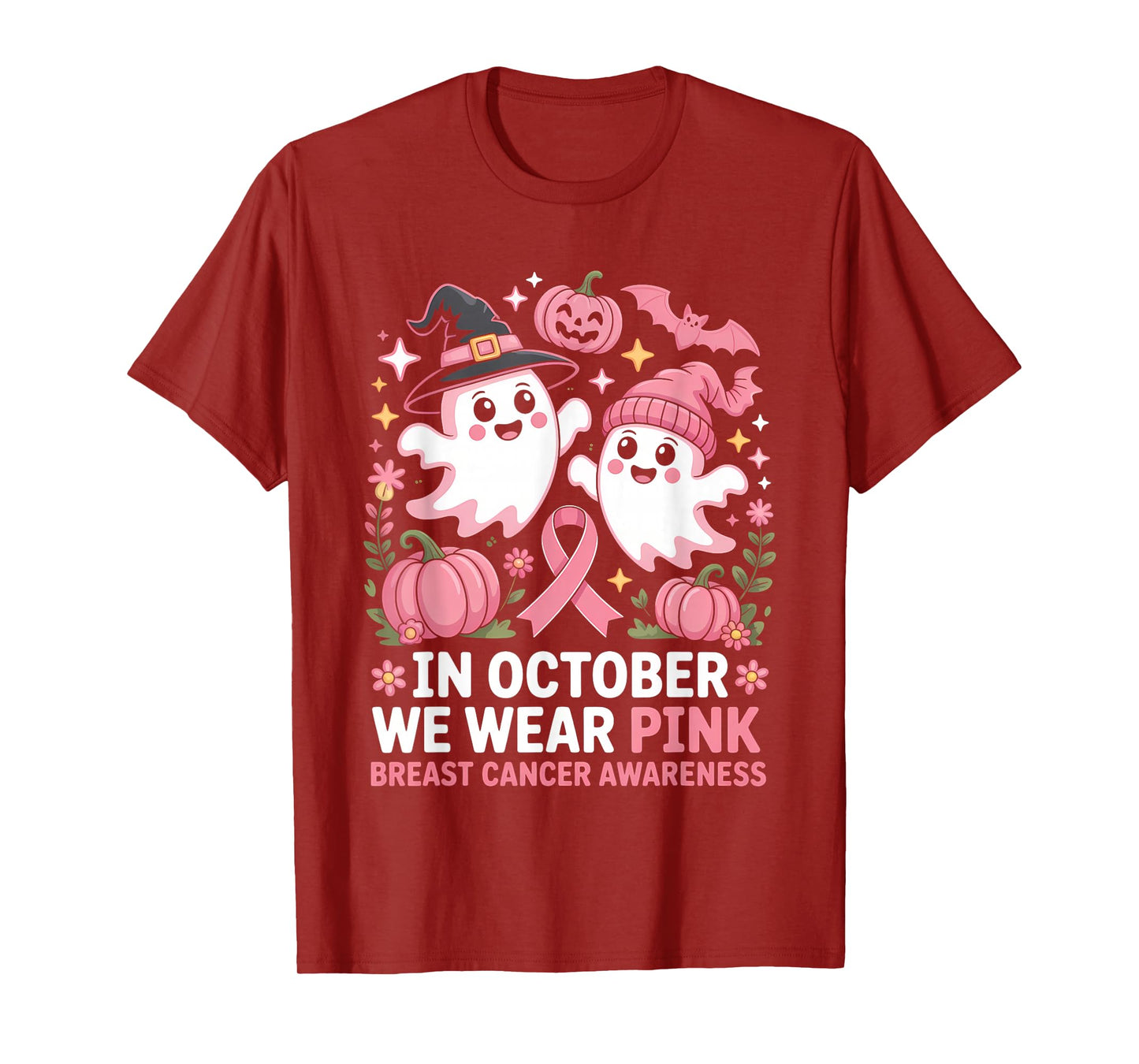 in October We Wear Pink Ghost Witch Breast Cancer Awareness T-Shirt