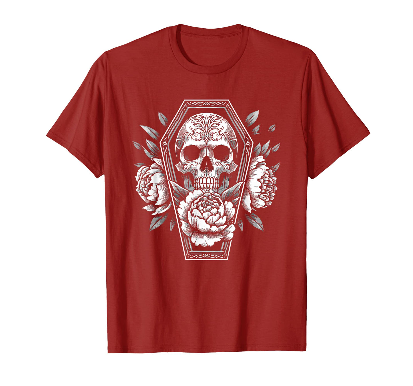 Goth Skull and Roses in Coffin Halloween Spooky Occult Pagan T-Shirt