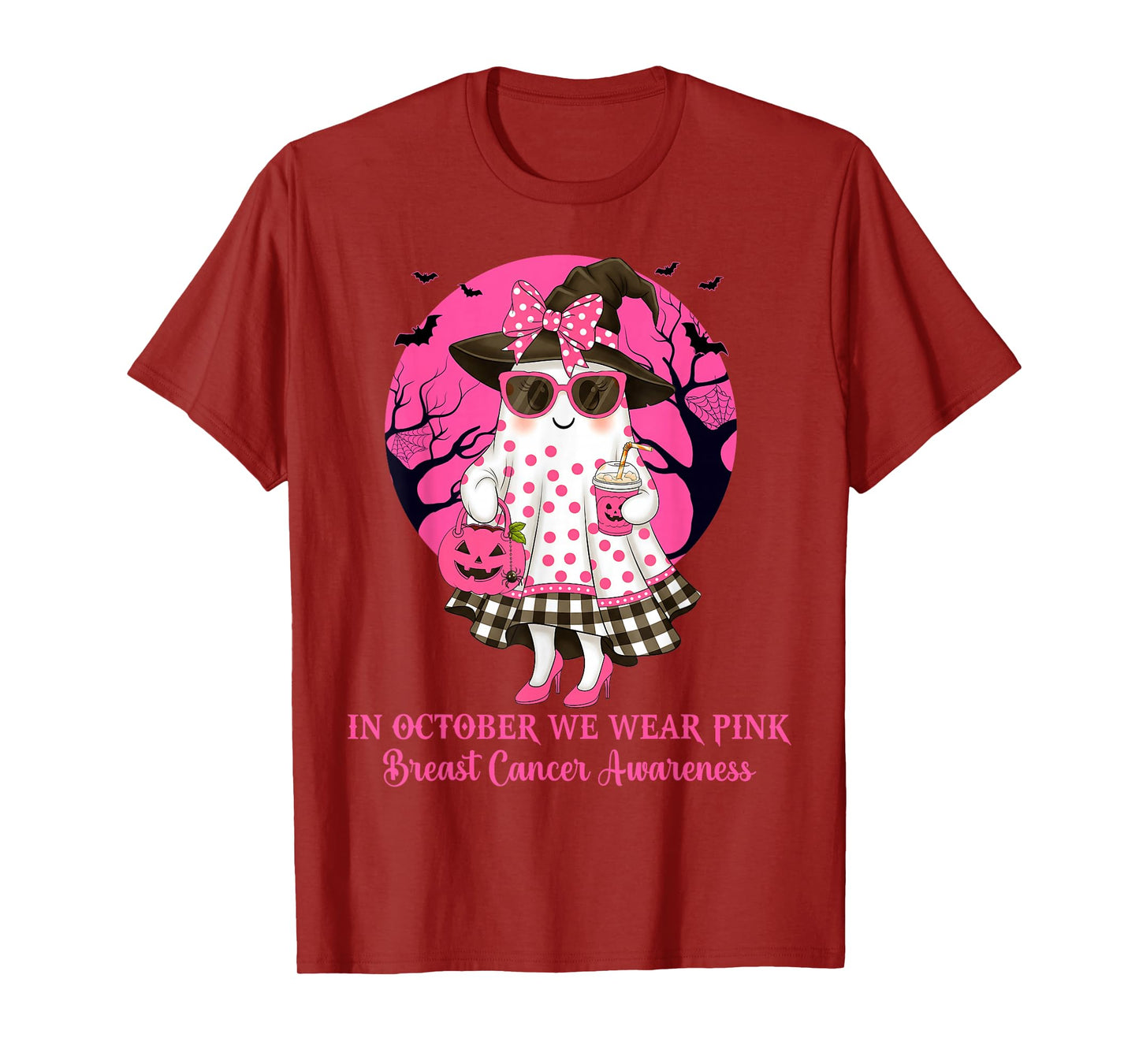 in October We Wear Pink Ghost Witch Breast Cancer Awareness T-Shirt