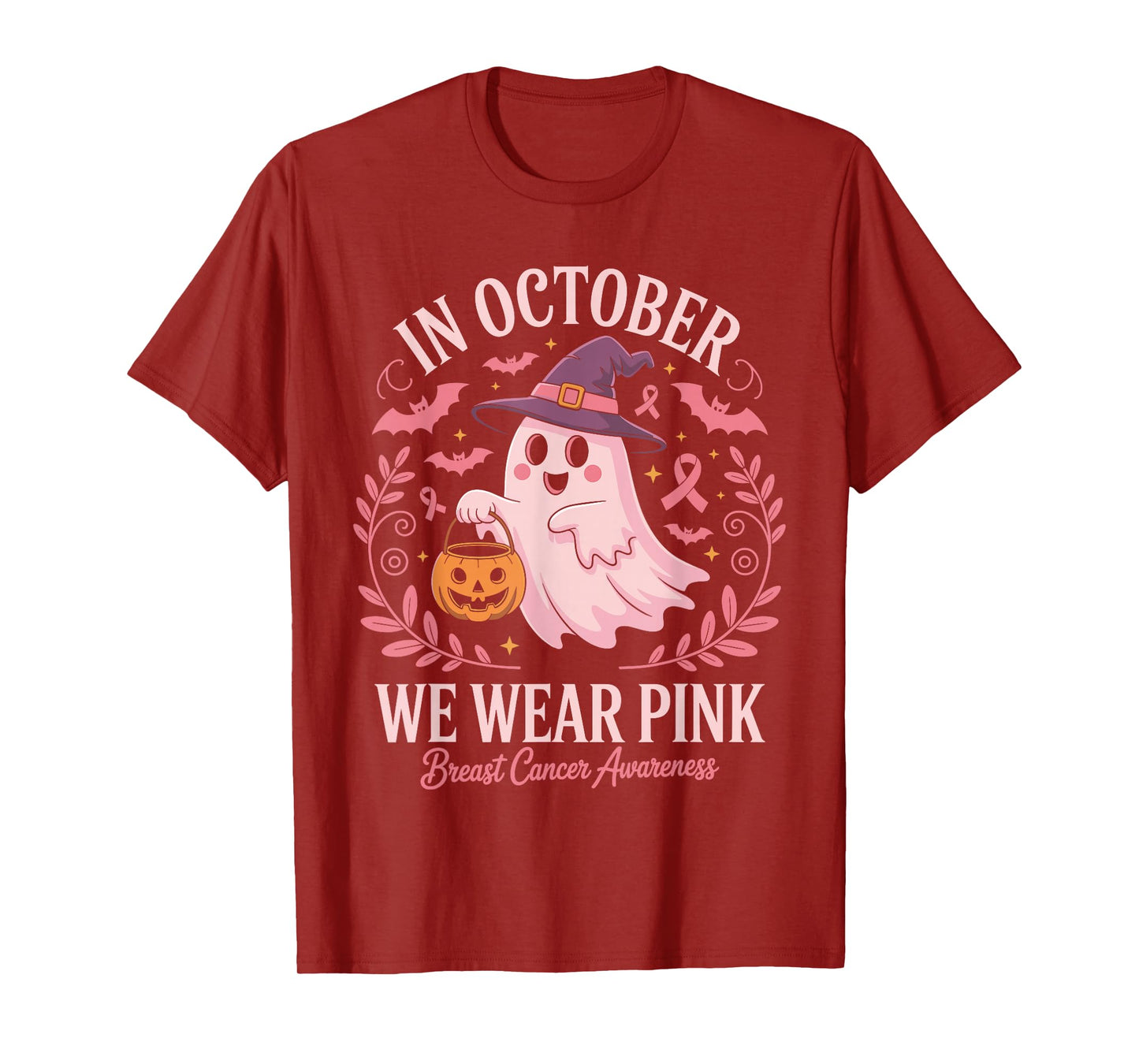 in October We Wear Pink Breast Cancer Awareness Ghost T-Shirt