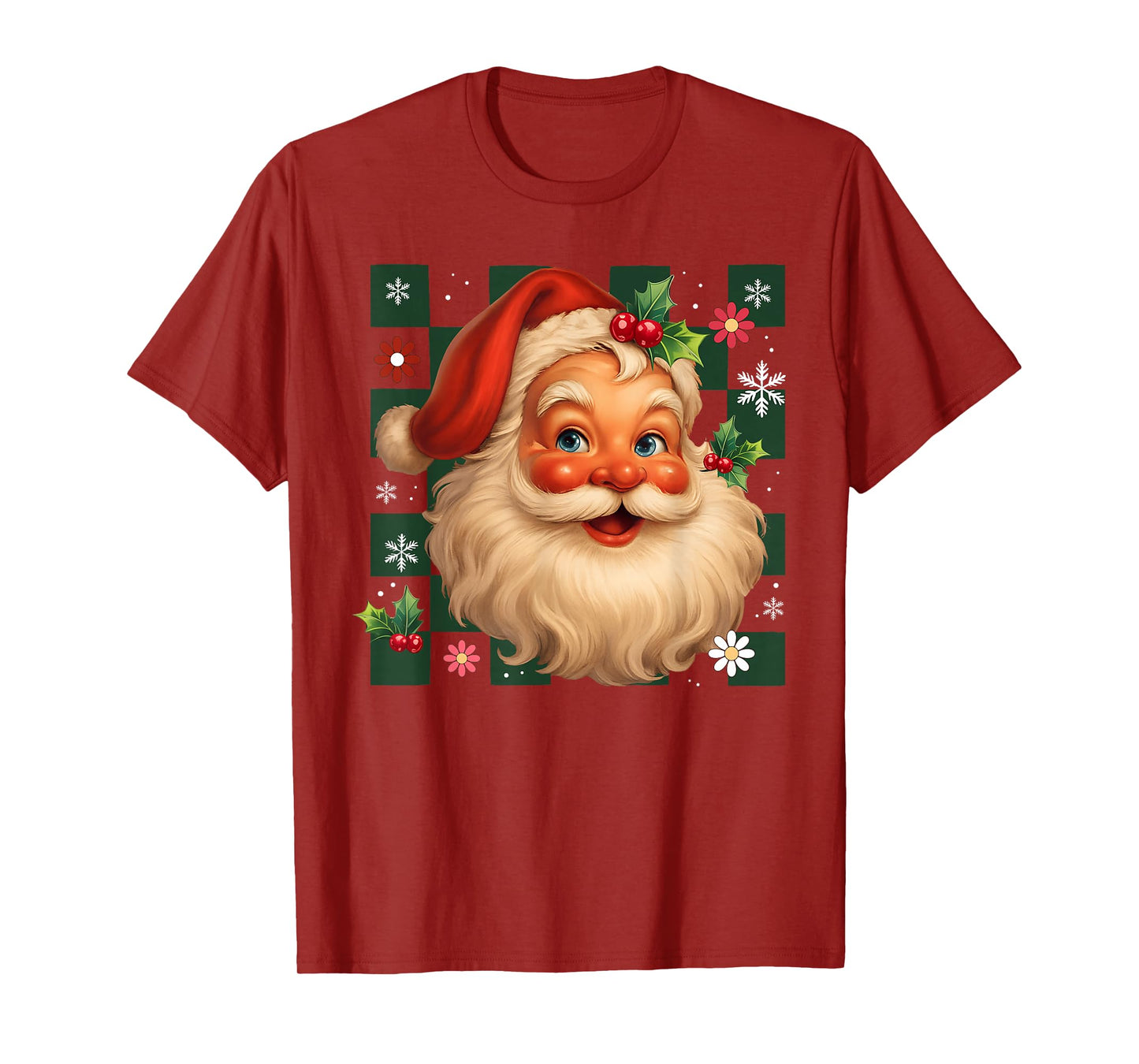Retro Checkered Santa Claus Vintage Christmas Holiday Season T-Shirt
