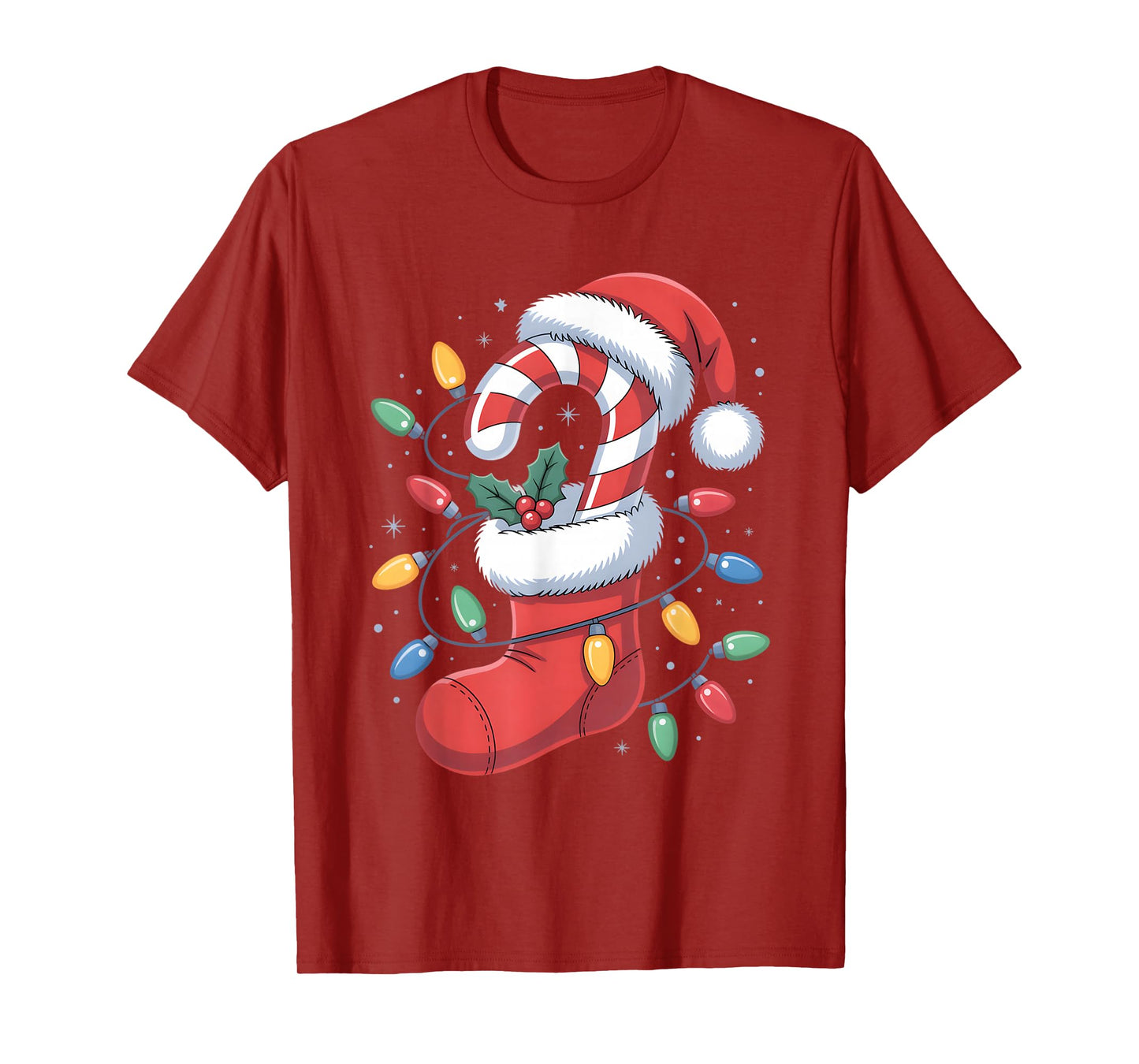 Christmas Stocking Candy Cane Santa Lights Women Men Kids T-Shirt