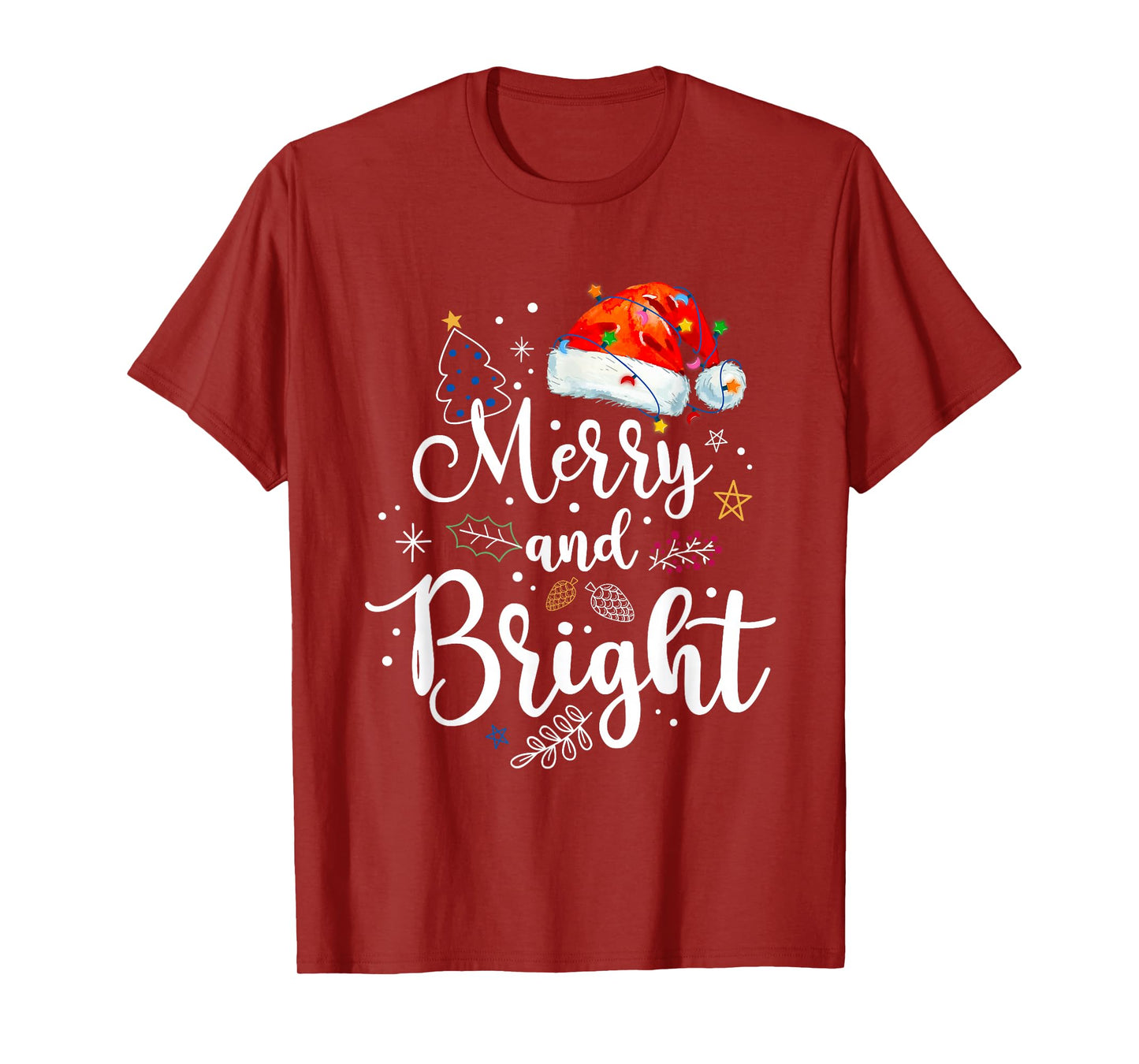 Merry and Bright Christmas Lights Santa Hat Xmas Men Women T-Shirt