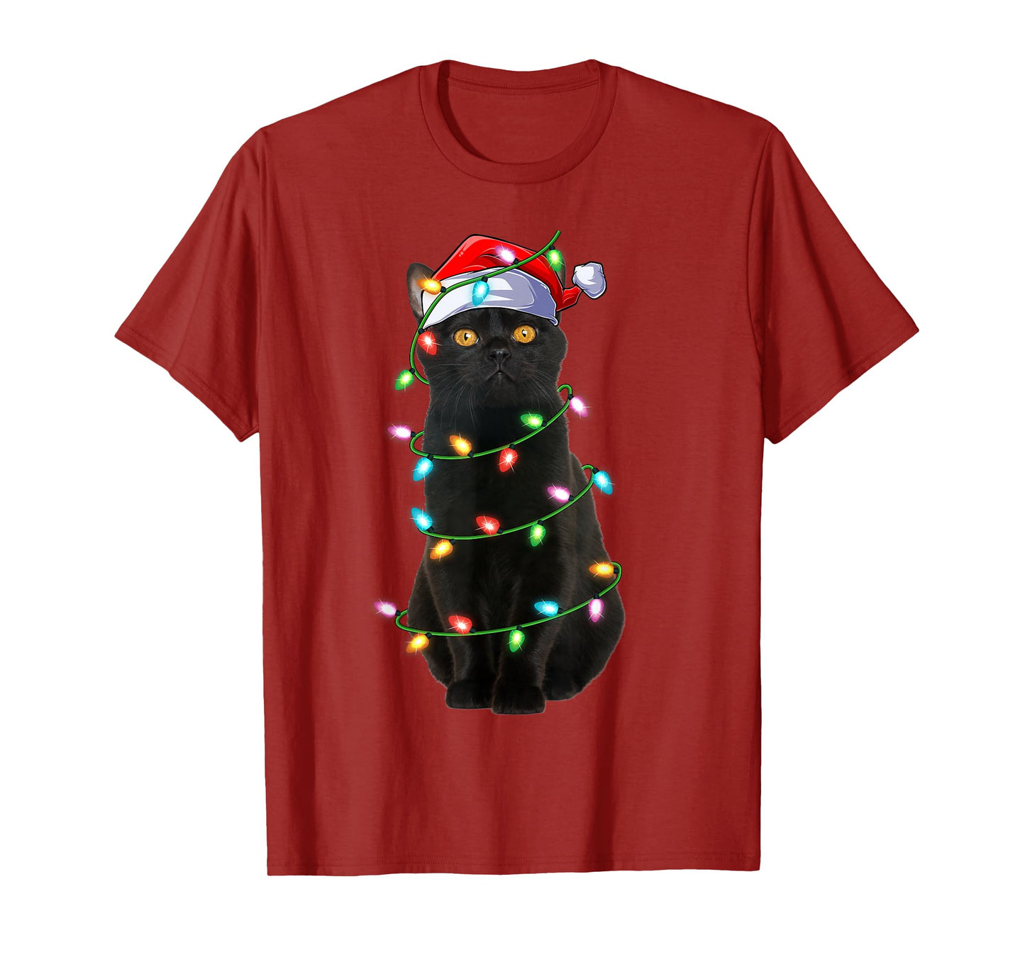 Black Cat Christmas Lights Funny Santa Hat Cat Xmas T-Shirt