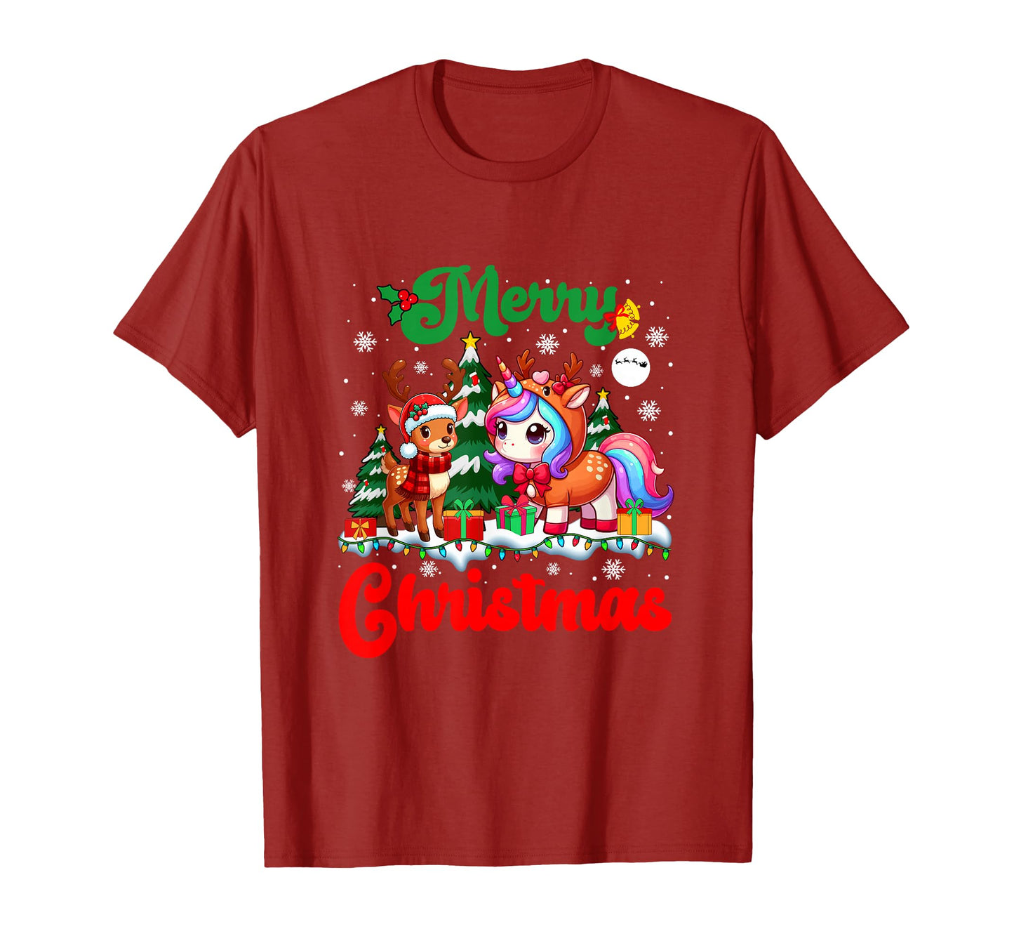 Merry Christmas Reindeer Unicorn Colorful Lights Xmas Tree T-Shirt