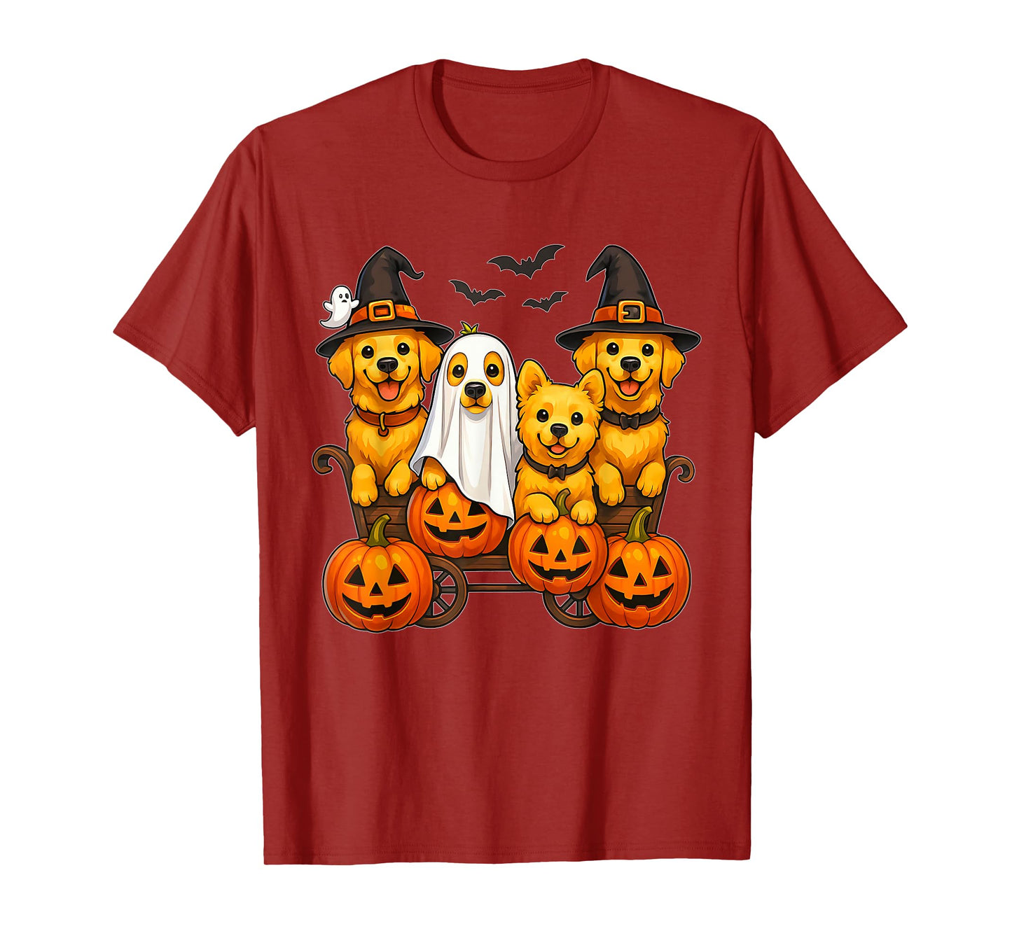 Halloween Retriever Dogs Ghost Witch Pumpkins Wooden Wagon T-Shirt