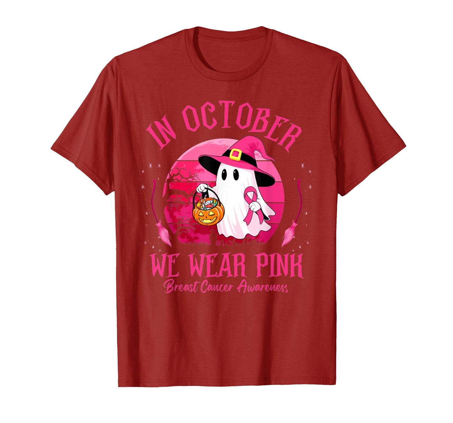 in October We Wear Pink Ghost Witch Breast Cancer Awareness T-Shirt