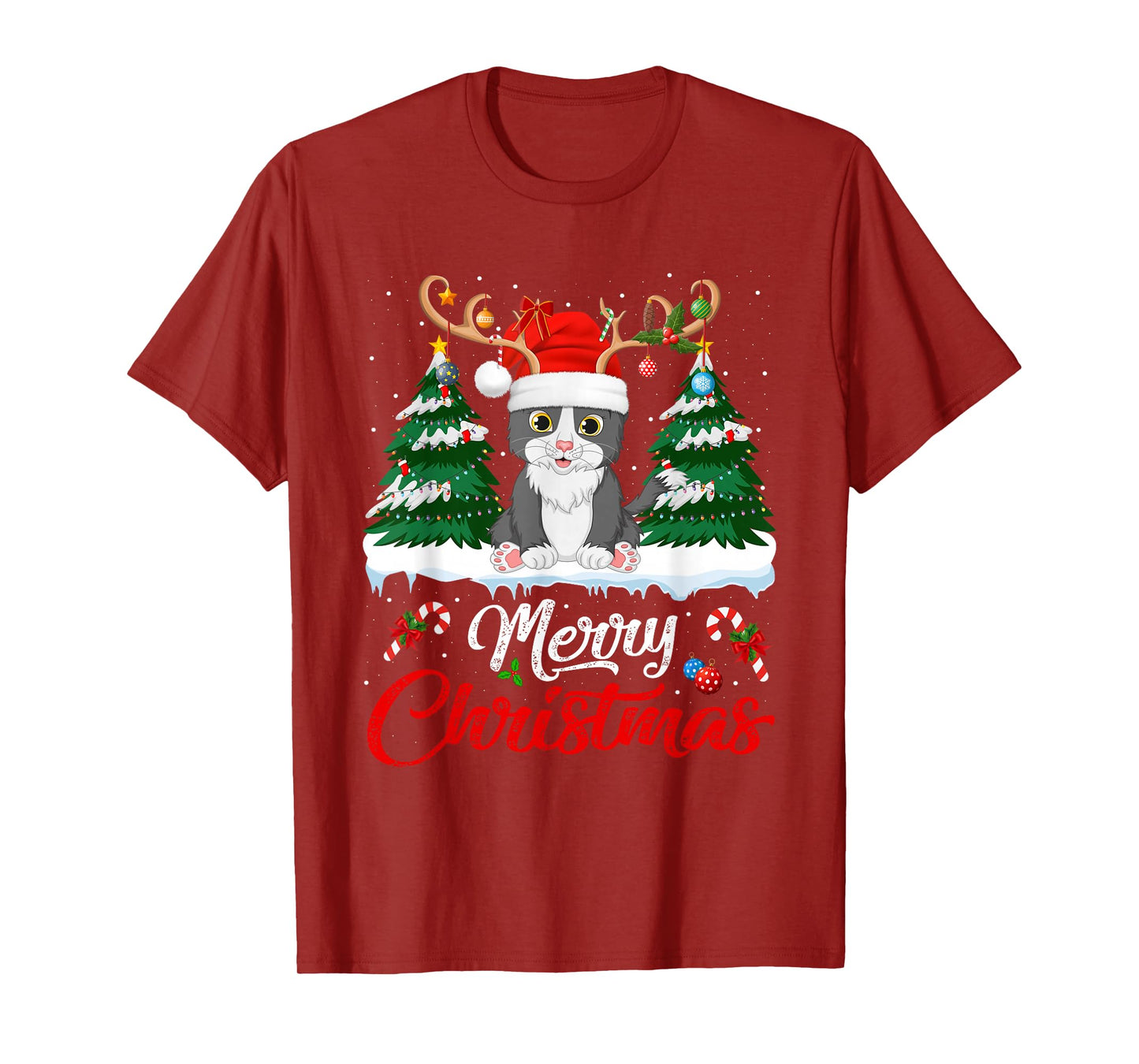 Cat Christmas Tree Lights Reindeer Santa Hat Funny Cat Xmas T-Shirt