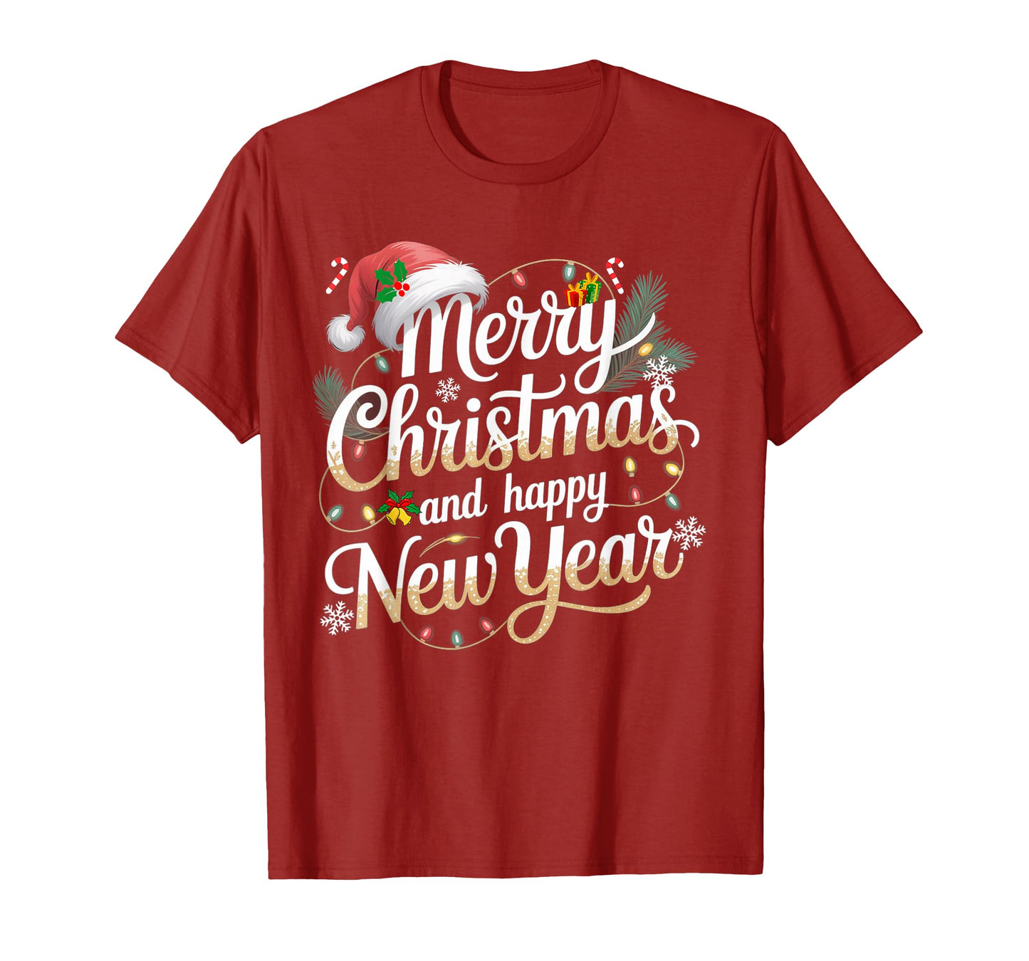 Merry Christmas Lights Red Santa Hat and Happy New Year T-Shirt