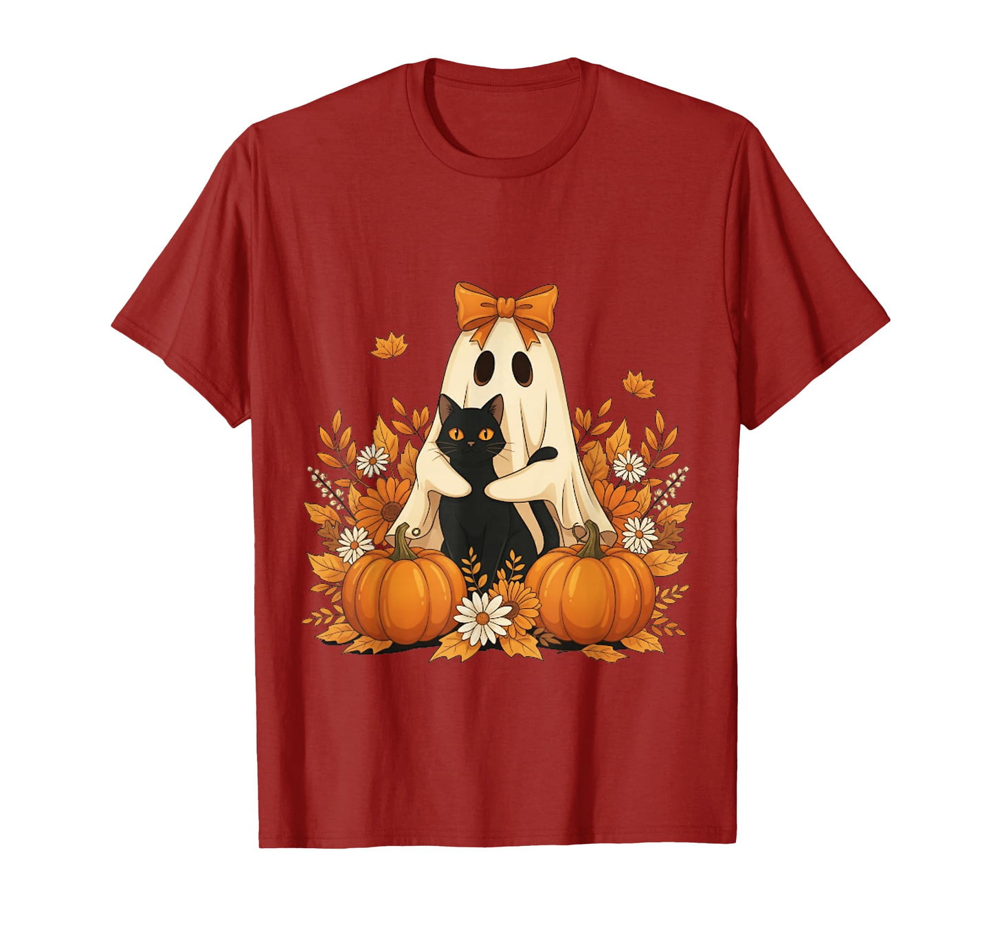 Vintage Halloween Ghost Holding Black Cat Groovy Floral T-Shirt