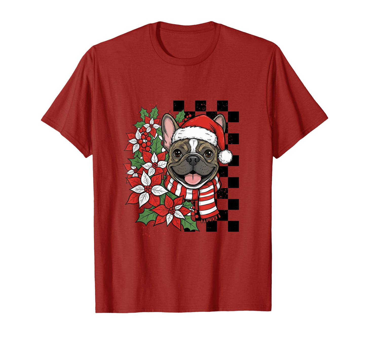 French Bulldog Christmas Frenchie Santa Checkerboard T-Shirt