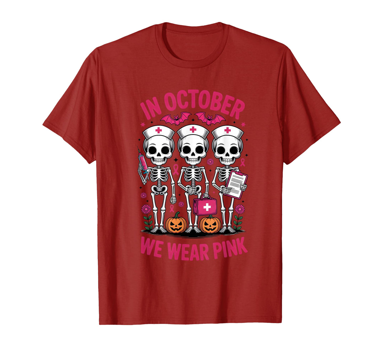 in October we wear Pink Breast Cancer Skeleton Nurse T-Shirt