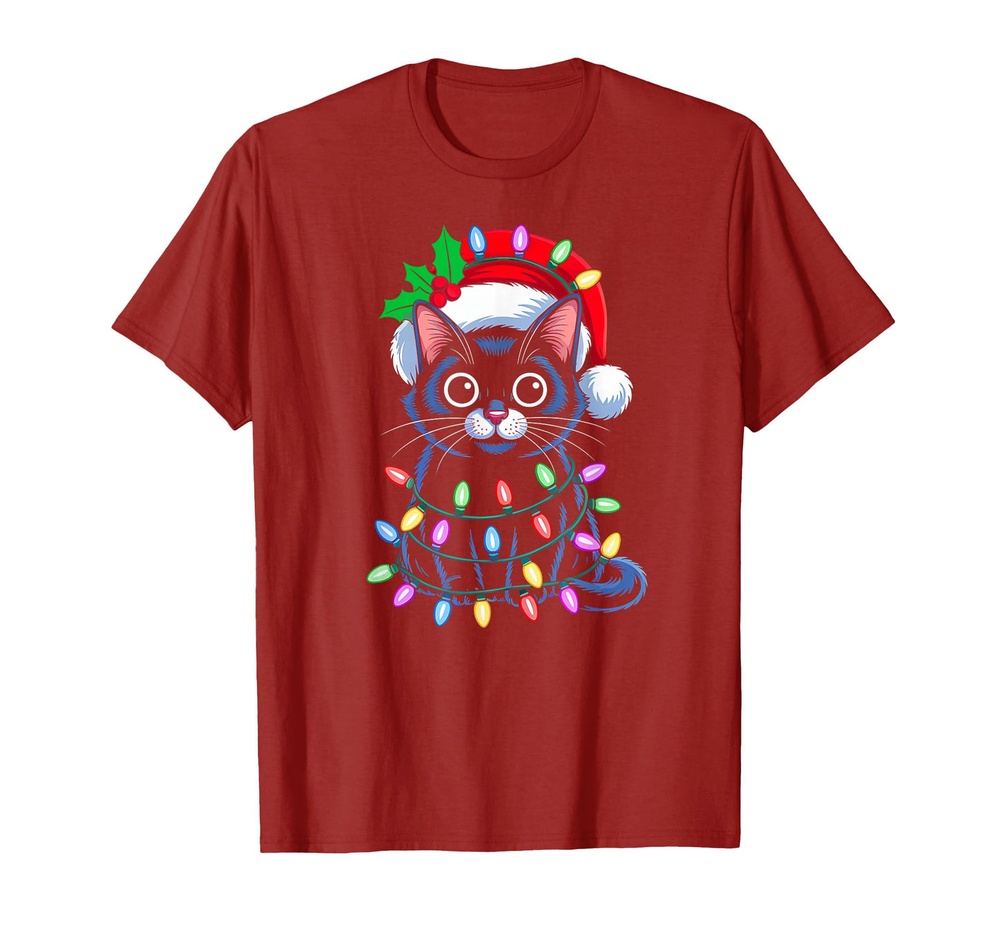 Black Cat Christmas Lights Red Santa Hat Christmas Cat Lover T-Shirt
