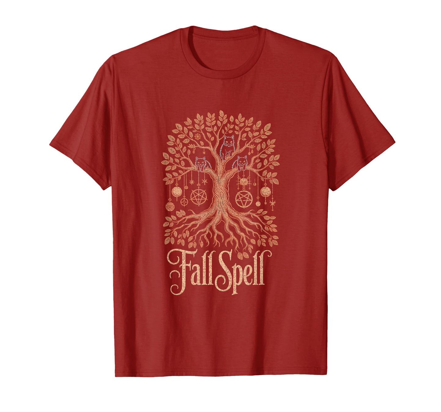 Fall Spell Tree Cats Pentagram Witchy Autumn Fall Halloween T-Shirt