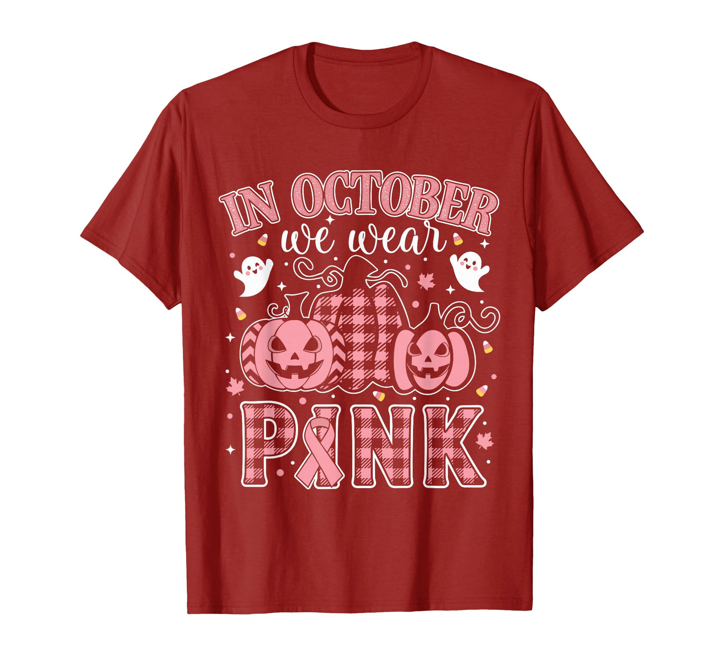 in October We Wear Pink Cute Ribbon with Pumpkin Ghost Art T-Shirt