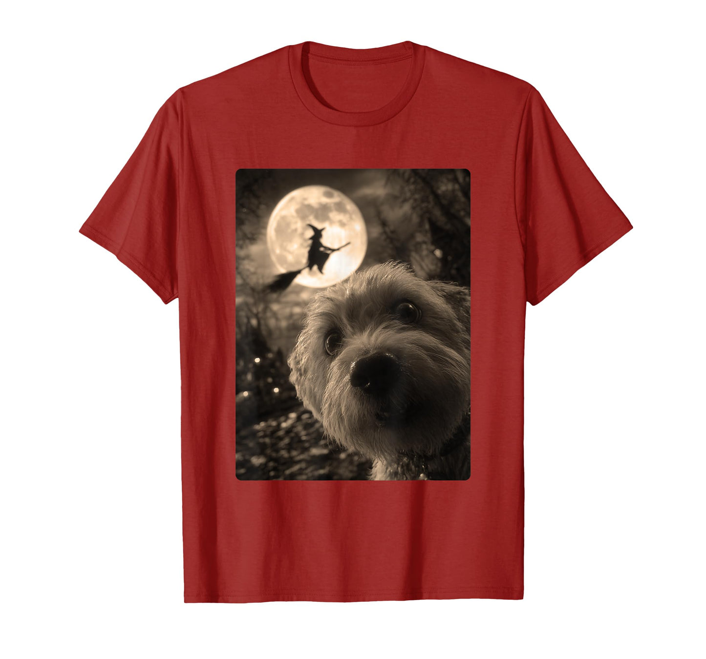 Funny Maltese Selfie Full Moon Flying Witch Halloween Dog T-Shirt