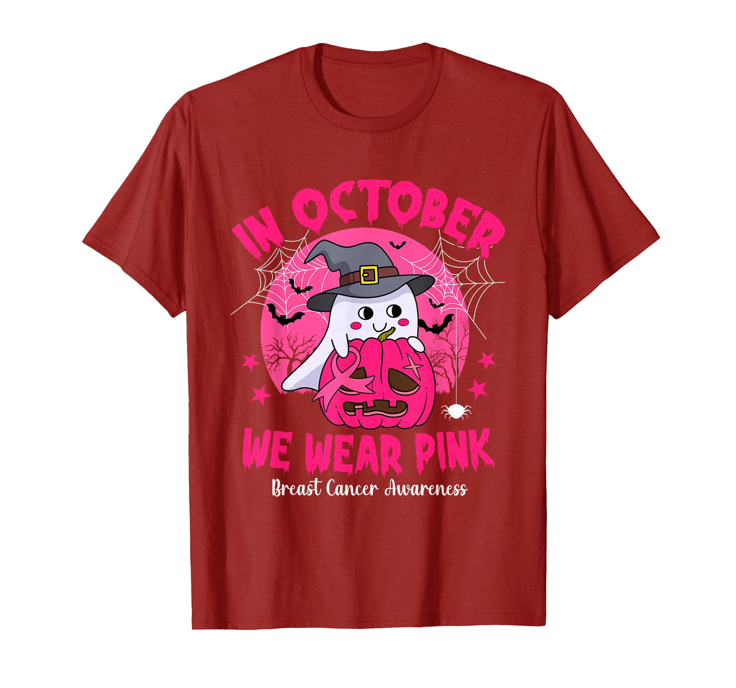 in October We Wear Pink Ghost Witch Breast Cancer Awareness T-Shirt